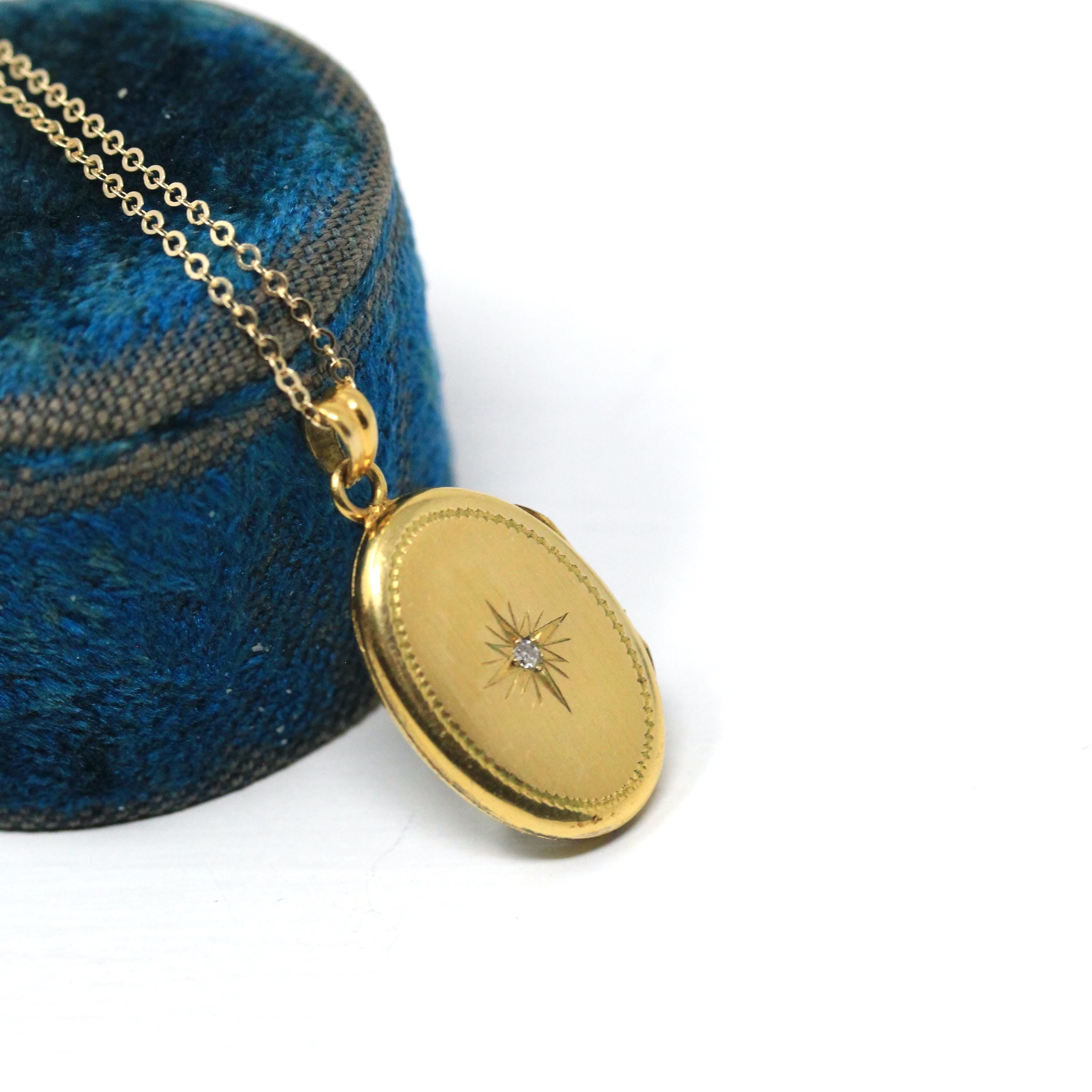 Star Diamond Locket - Retro 12k Gold Filled Oval Celestial Natural Gemstone Pendant Necklace - Vintage Circa 1940s Era Hayward 40s Jewelry