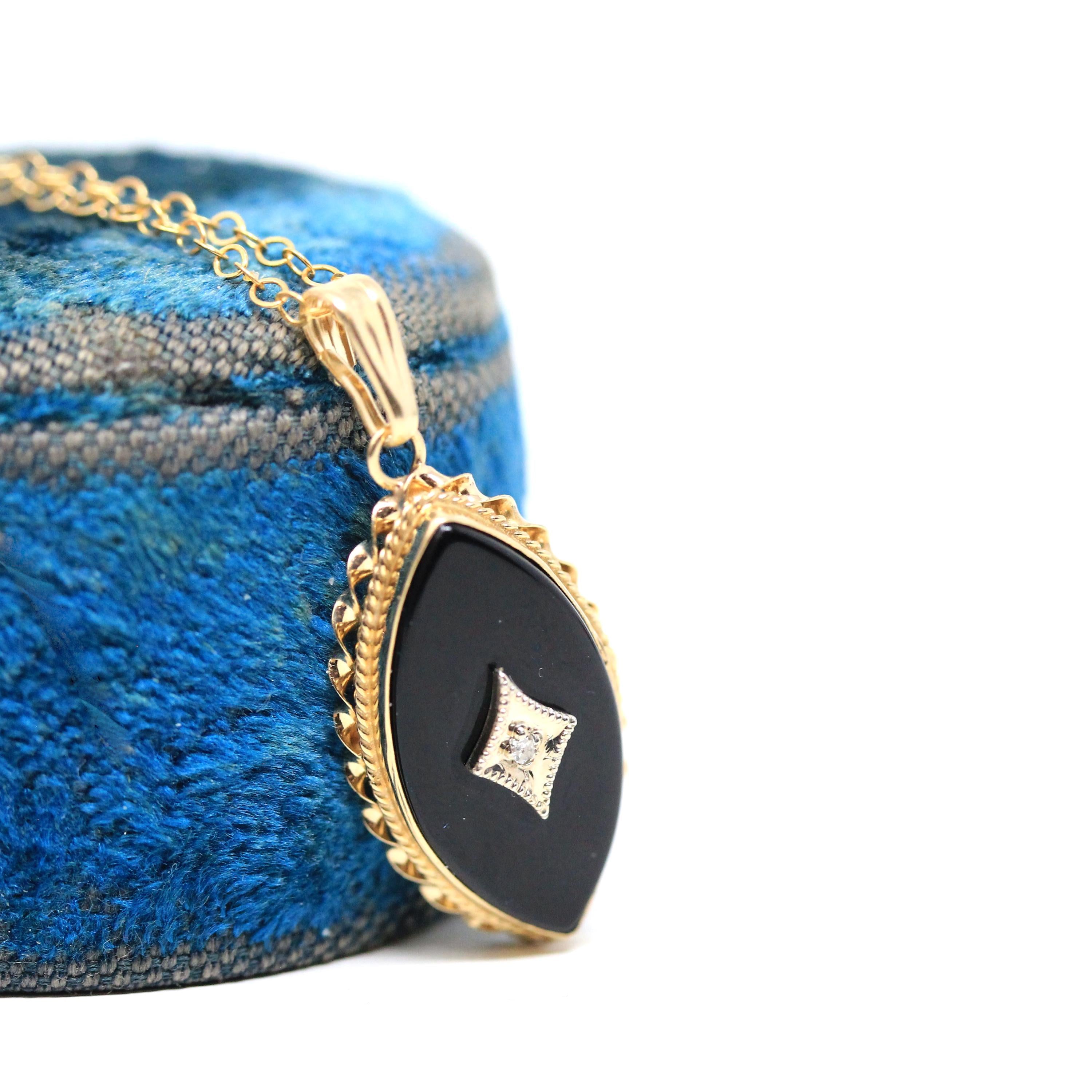 Onyx & Diamond Necklace - Retro 14k Yellow Gold Natural Black Chalcedony Gemstone Pendant Charm - Vintage 1970s Era Navette Fine 70s Jewelry