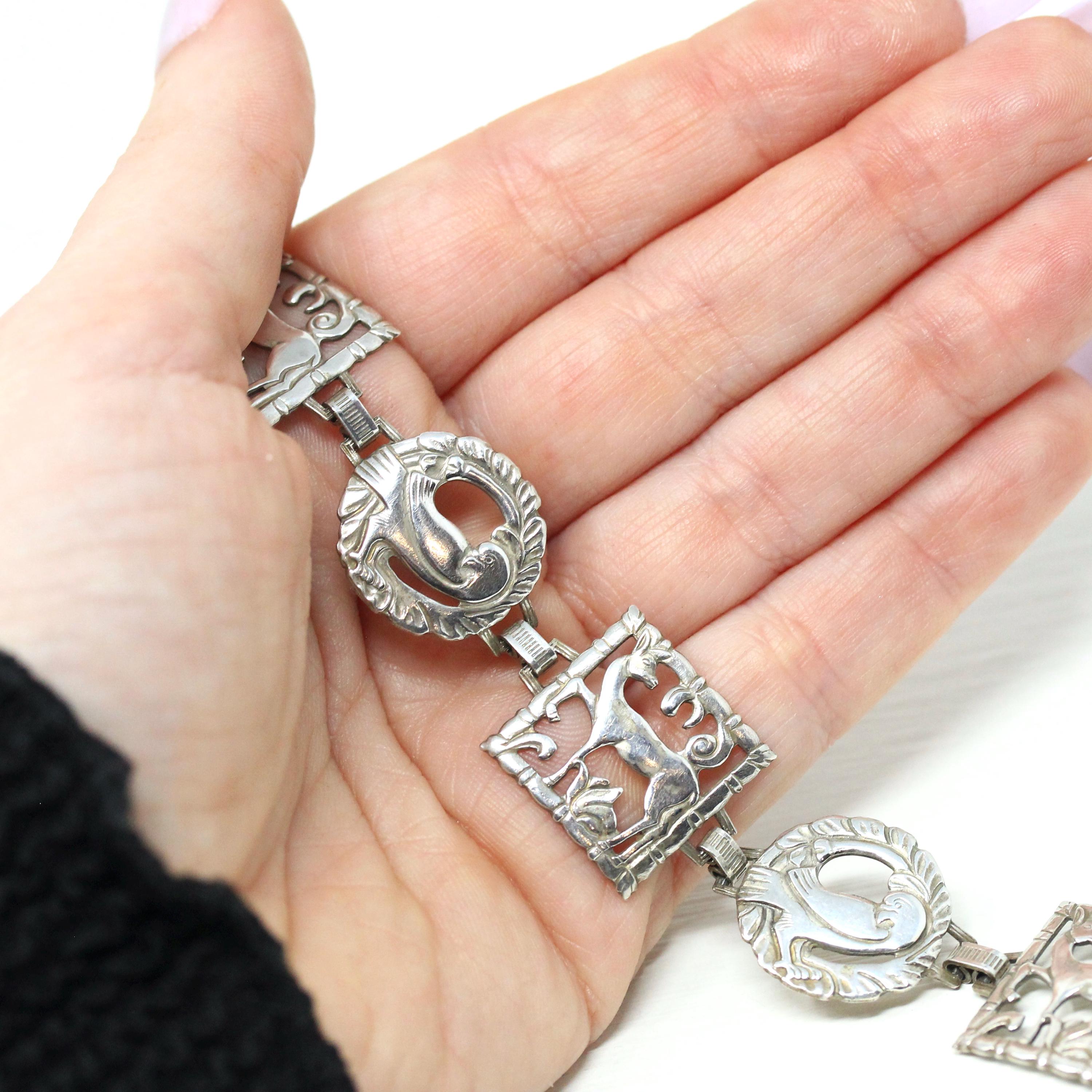 Retro Animal Bracelet - Vintage Sterling Silver Dove & Deer Fashion Accessory - Circa 1940s Era Wildlife Statement Jewelry