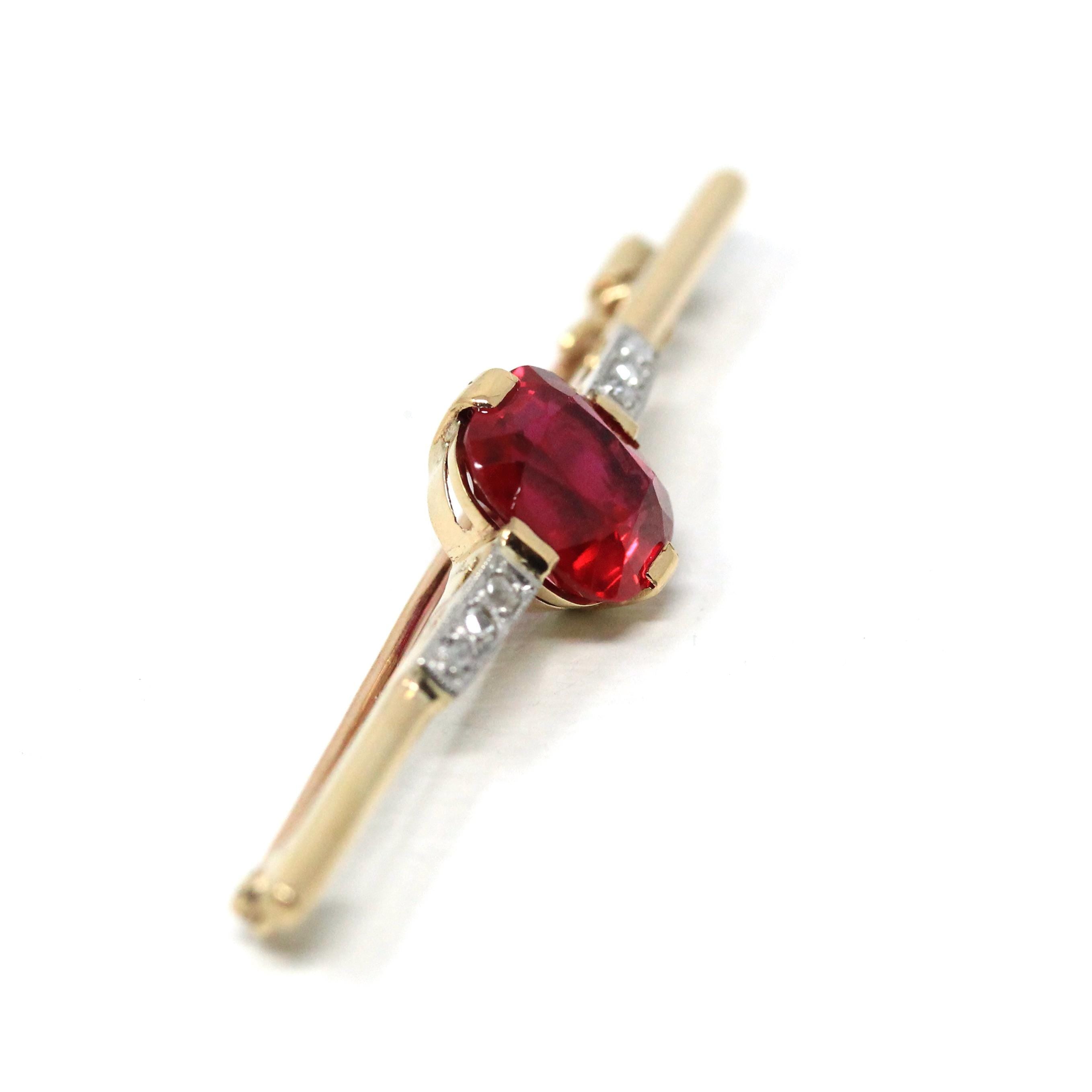 Created Ruby Brooch - Art Deco 10k Yellow & White Two Tone Gold Red Stone And Diamond Pin - Vintage 1930s Era Fine Statement Accessory