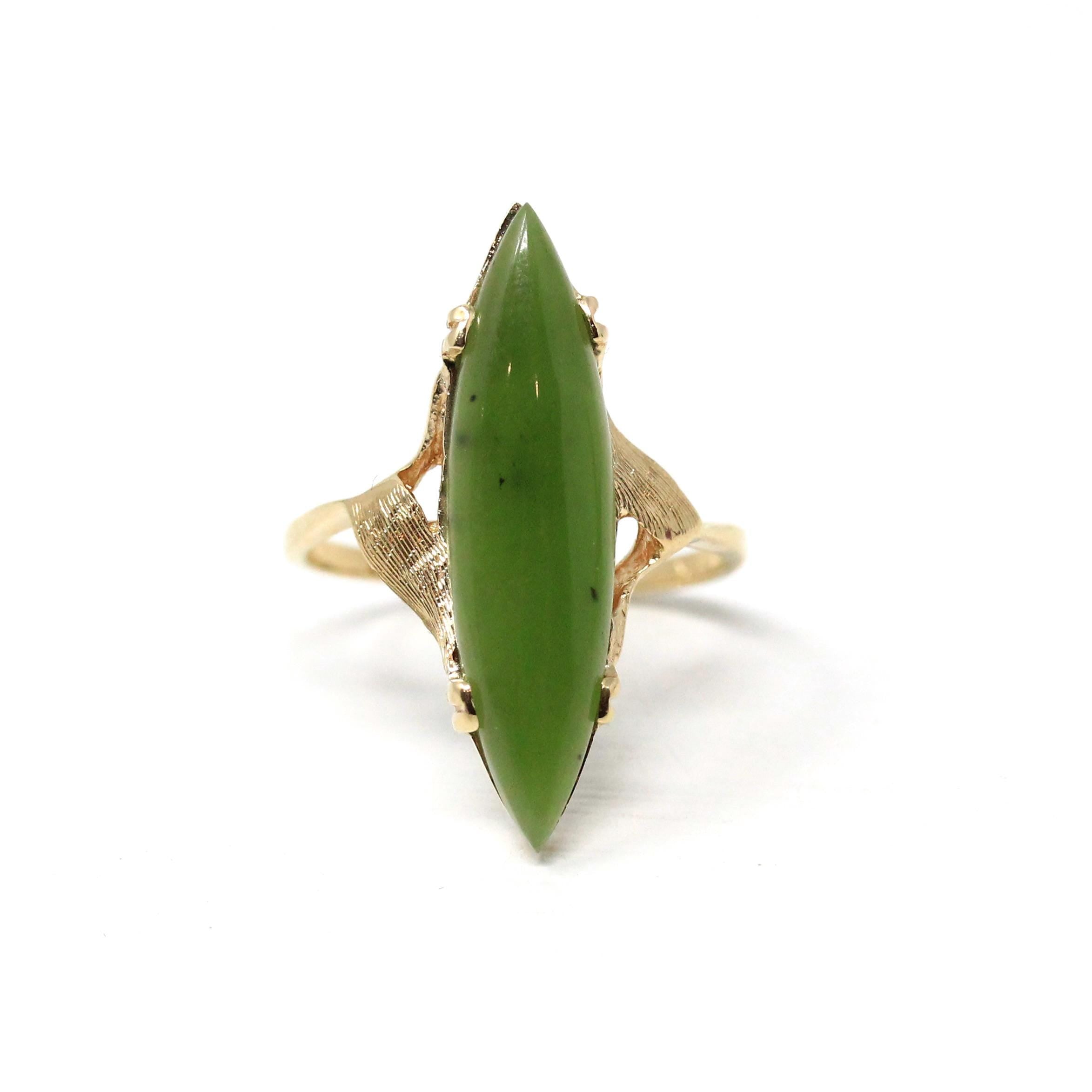 Nephrite Jade Ring - Retro 14k Yellow Gold Navette Cabochon Green Gemstone - Vintage Circa 1970s Era Size 7 Fine Bypass Statement Jewelry