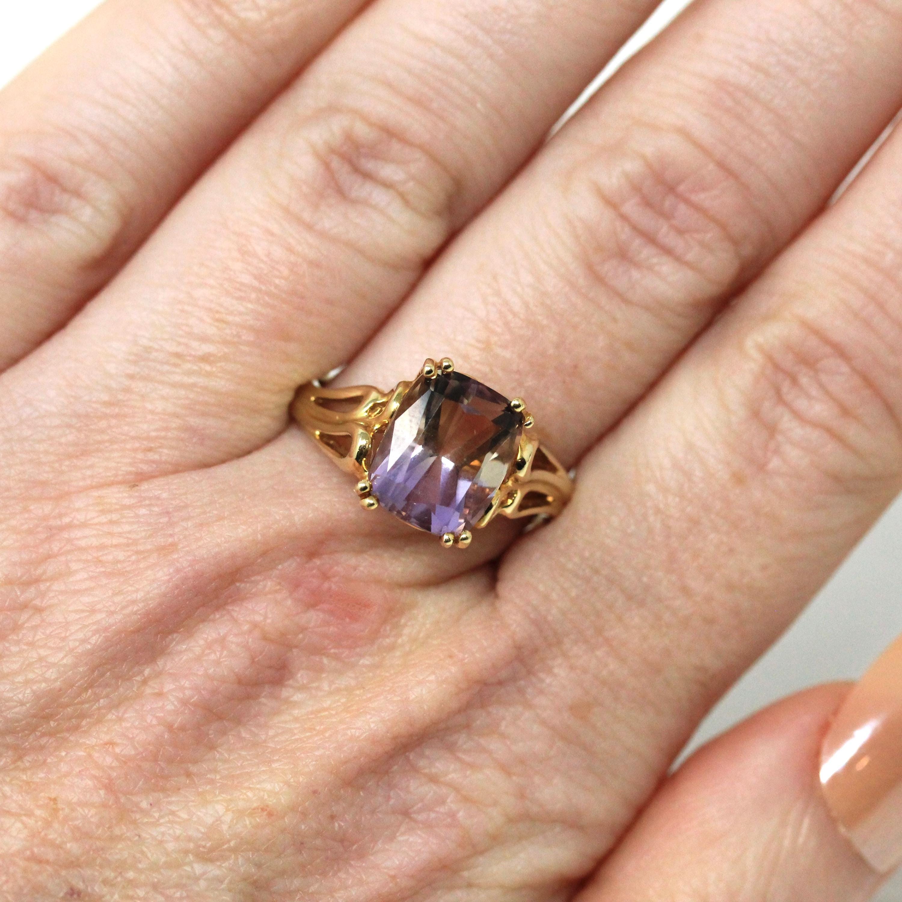 Ametrine Bypass Ring - Modern Era Estate 14k Yellow Gold Natural Bi-Color Gem - Circa 2000s Size 7 Purple Yellow Fine Y2K Statement Jewelry
