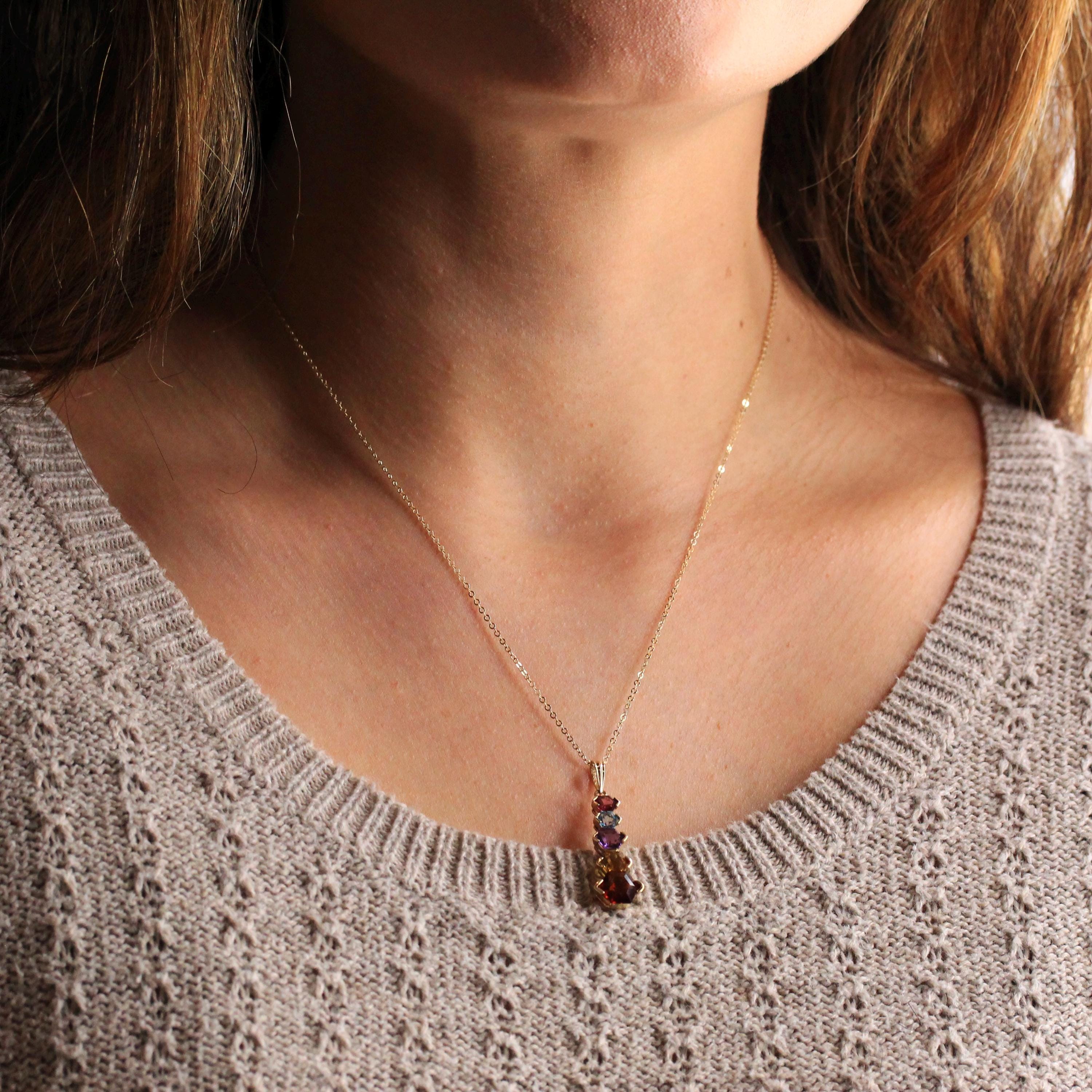 Modern Gemstone Necklace - Estate 14k Yellow Gold Natural Garnet Blue Topaz Amethyst Citrine Gems - Estate Circa 2000's Era Fine Y2K Jewelry