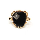 Vintage Onyx Ring - Retro 10k Yellow Gold Black Fancy Cut Gemstone - Circa 1940s Era Size 5.5 Natural Diamond Floral Statement Fine Jewelry