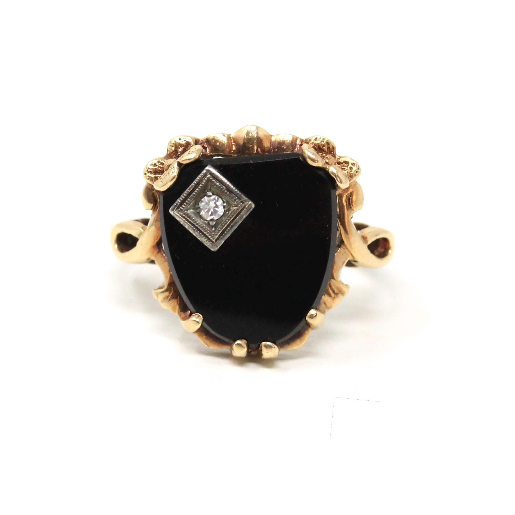 Vintage Onyx Ring - Retro 10k Yellow Gold Black Fancy Cut Gemstone - Circa 1940s Era Size 5.5 Natural Diamond Floral Statement Fine Jewelry