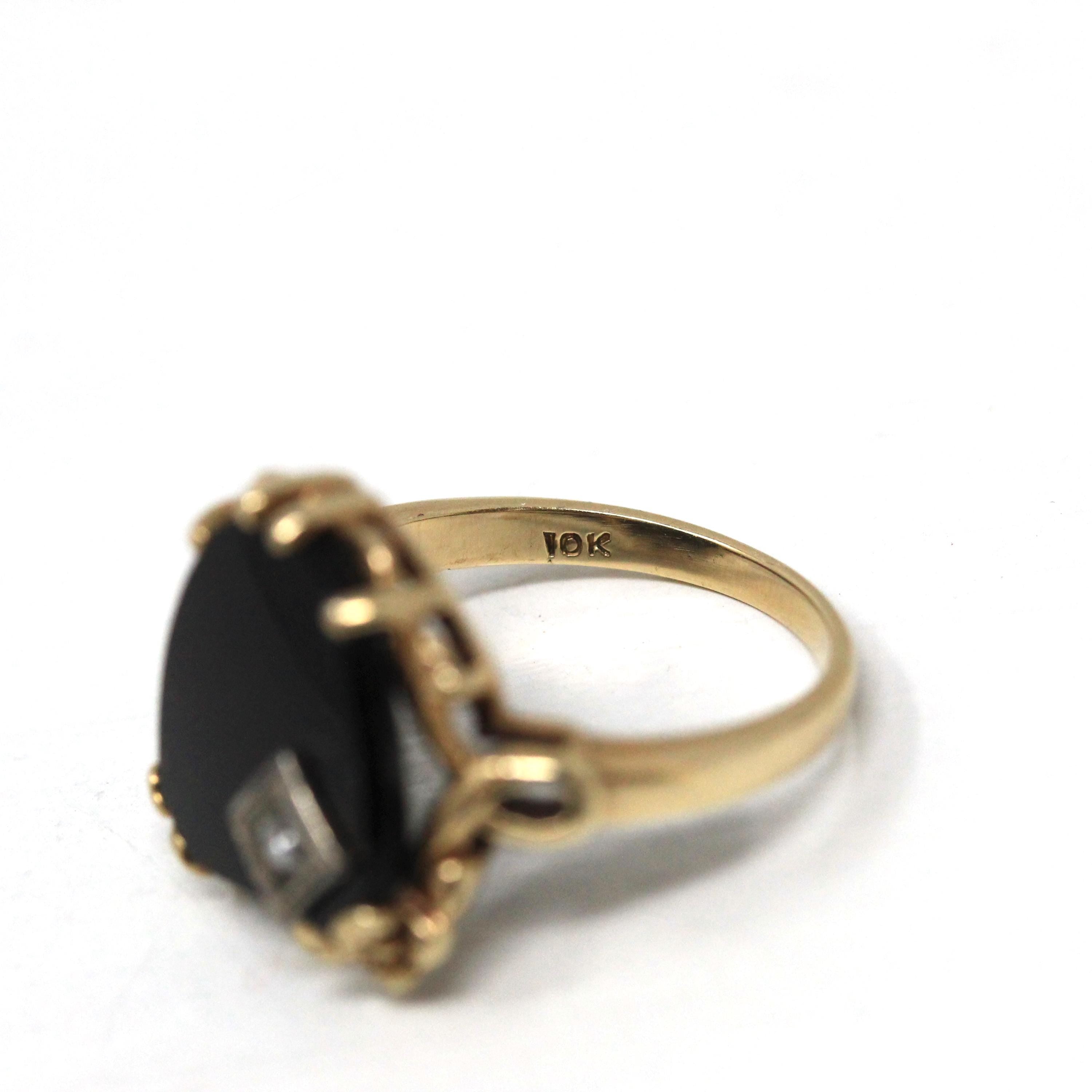 Vintage Onyx Ring - Retro 10k Yellow Gold Black Fancy Cut Gemstone - Circa 1940s Era Size 5.5 Natural Diamond Floral Statement Fine Jewelry