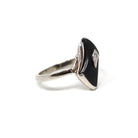 Retro Onyx Ring - Vintage 10k White Gold Fancy Cut Black Chalcedony & Diamond Gemstone - Circa 1960s Era Size 5 3/4 Fine Statement Jewelry