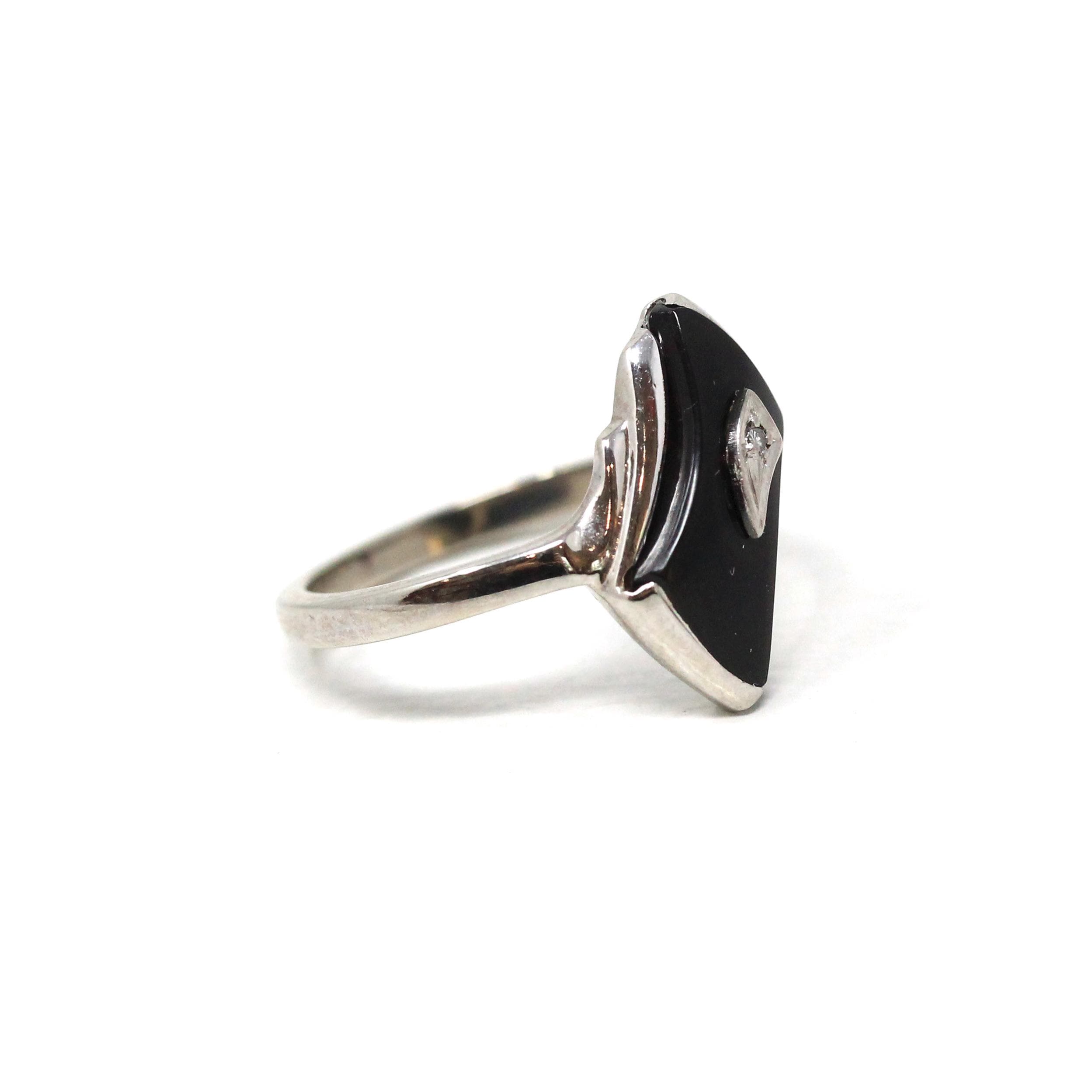 Retro Onyx Ring - Vintage 10k White Gold Fancy Cut Black Chalcedony & Diamond Gemstone - Circa 1960s Era Size 5 3/4 Fine Statement Jewelry