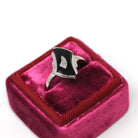 Retro Onyx Ring - Vintage 10k White Gold Fancy Cut Black Chalcedony & Diamond Gemstone - Circa 1960s Era Size 5 3/4 Fine Statement Jewelry