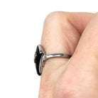 Retro Onyx Ring - Vintage 10k White Gold Fancy Cut Black Chalcedony & Diamond Gemstone - Circa 1960s Era Size 5 3/4 Fine Statement Jewelry