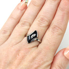 Retro Onyx Ring - Vintage 10k White Gold Fancy Cut Black Chalcedony & Diamond Gemstone - Circa 1960s Era Size 5 3/4 Fine Statement Jewelry