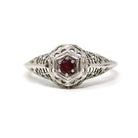 Ruby Filigree Ring - Art Deco Era 14k White Gold Round Faceted Red Corundum Gem - Circa 1930s Size 5.5 July Birthstone Fine Vintage Jewelry