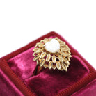 Opal Heart Ring - Modern 14k Yellow Gold Natural Gemstone Leaf Double Halo - Estate Circa 1990s Size 6 1/4 October Birthstone Fine Jewelry