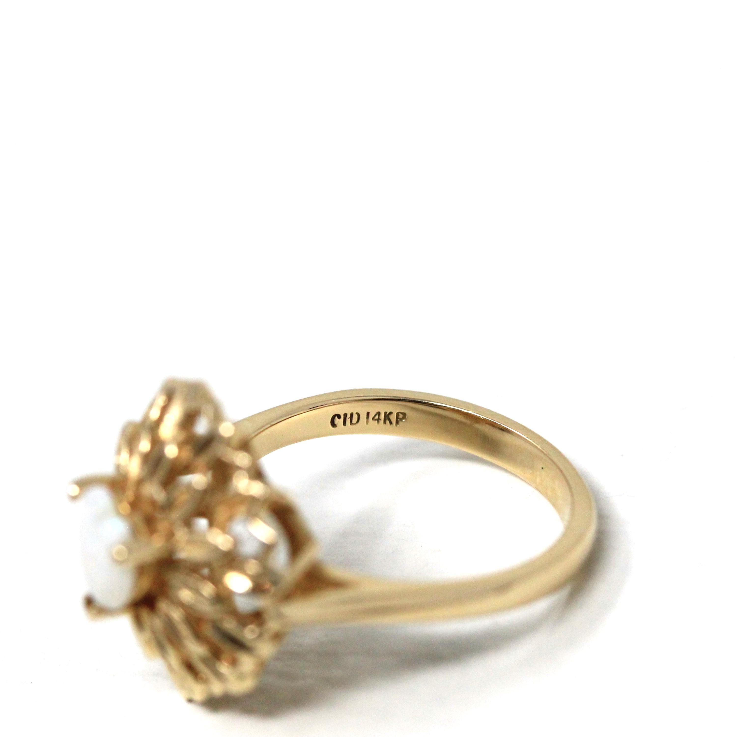 Opal Heart Ring - Modern 14k Yellow Gold Natural Gemstone Leaf Double Halo - Estate Circa 1990s Size 6 1/4 October Birthstone Fine Jewelry