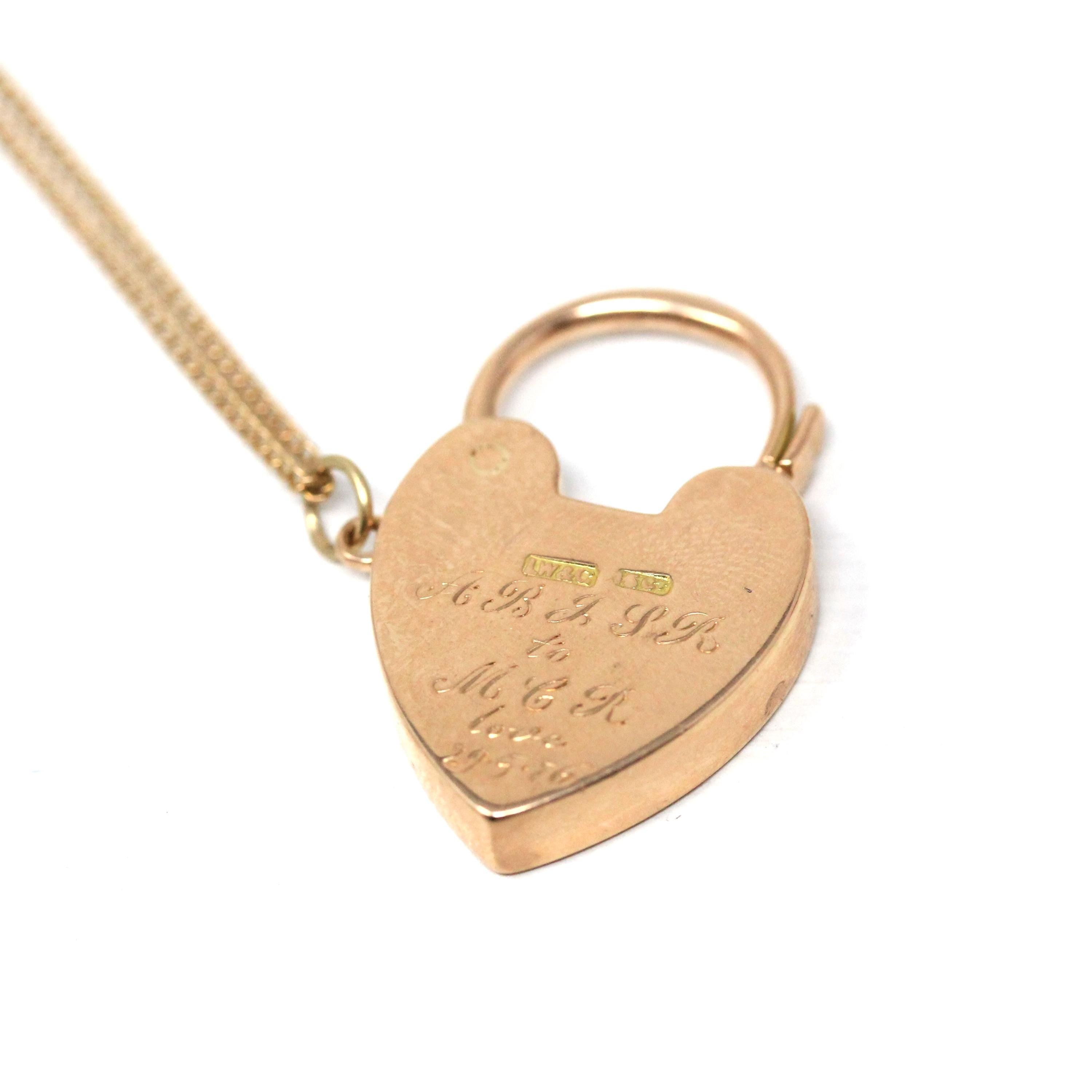 Vintage Padlock Necklace - Retro 15K Rosy Gold Heart Shaped Engraved Pendant - Dated 1976 Victorian Revival Style Fine Statement Jewelry