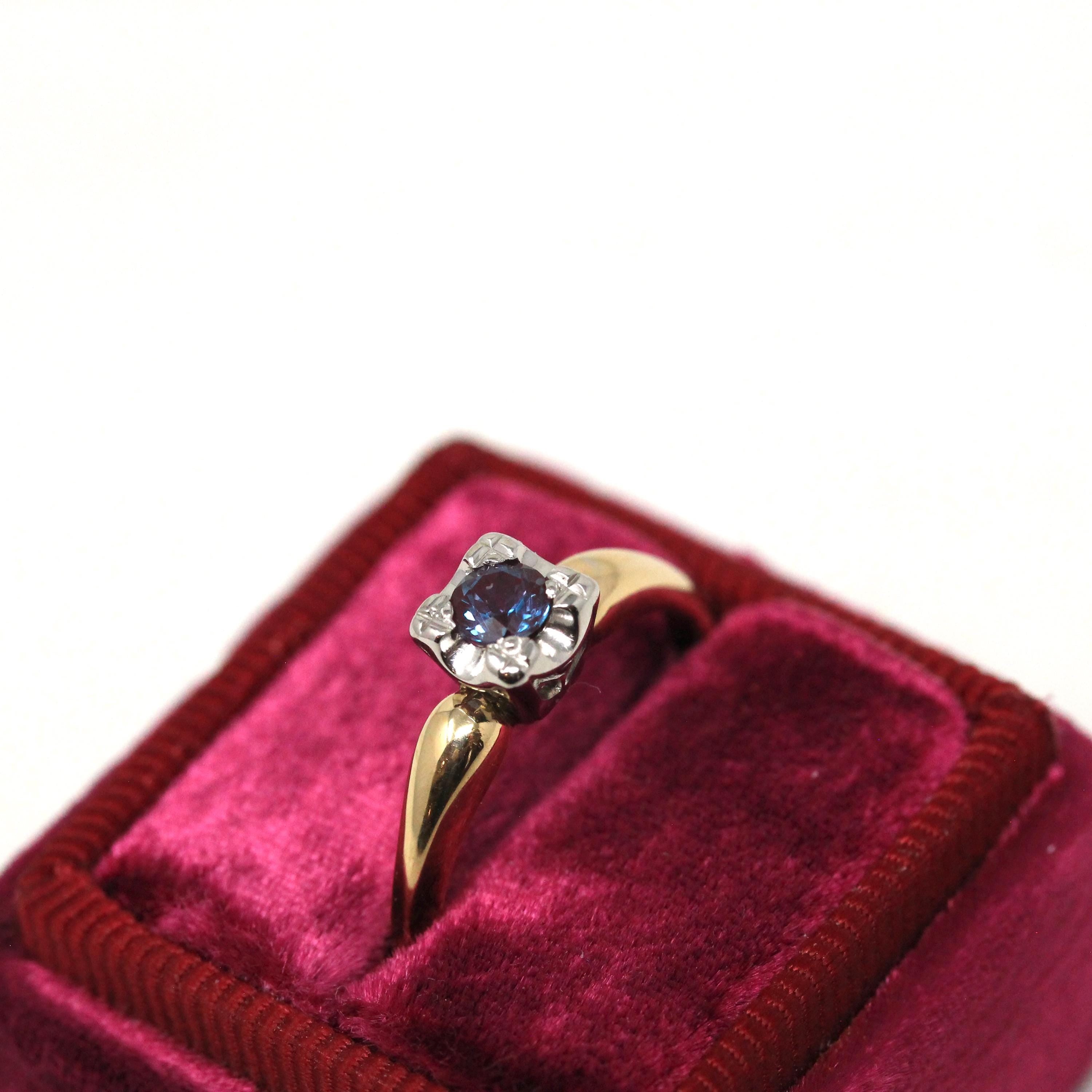 Vintage Engagement Ring - Retro Era 14k Yellow & White Gold Purple Blue Created Alexandrite Gem - Circa 1940s Size 6 Fine Two Tone Jewelry