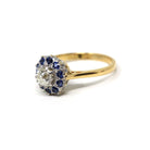 Antique Halo Ring - Edwardian Era 18k Yellow Gold Platinum Natural Diamond & Sapphires - Circa Early 1900s Size 5 Fine Engagement Jewelry