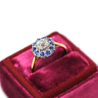 Antique Halo Ring - Edwardian Era 18k Yellow Gold Platinum Natural Diamond & Sapphires - Circa Early 1900s Size 5 Fine Engagement Jewelry