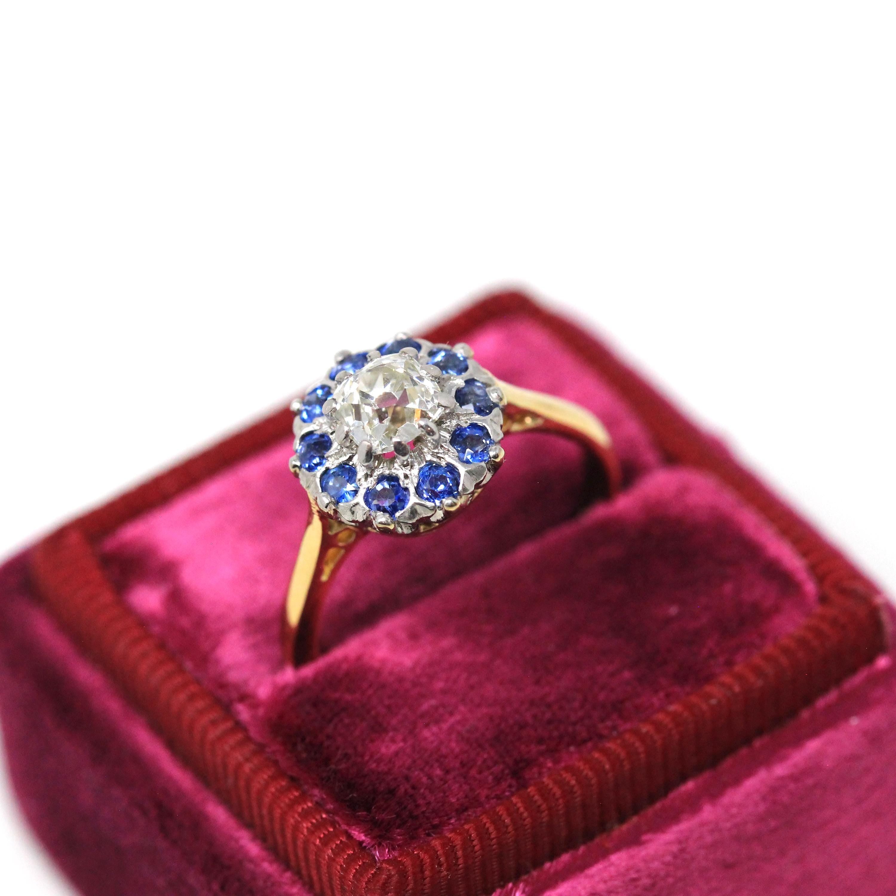 Antique Halo Ring - Edwardian Era 18k Yellow Gold Platinum Natural Diamond & Sapphires - Circa Early 1900s Size 5 Fine Engagement Jewelry