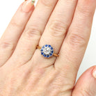 Antique Halo Ring - Edwardian Era 18k Yellow Gold Platinum Natural Diamond & Sapphires - Circa Early 1900s Size 5 Fine Engagement Jewelry