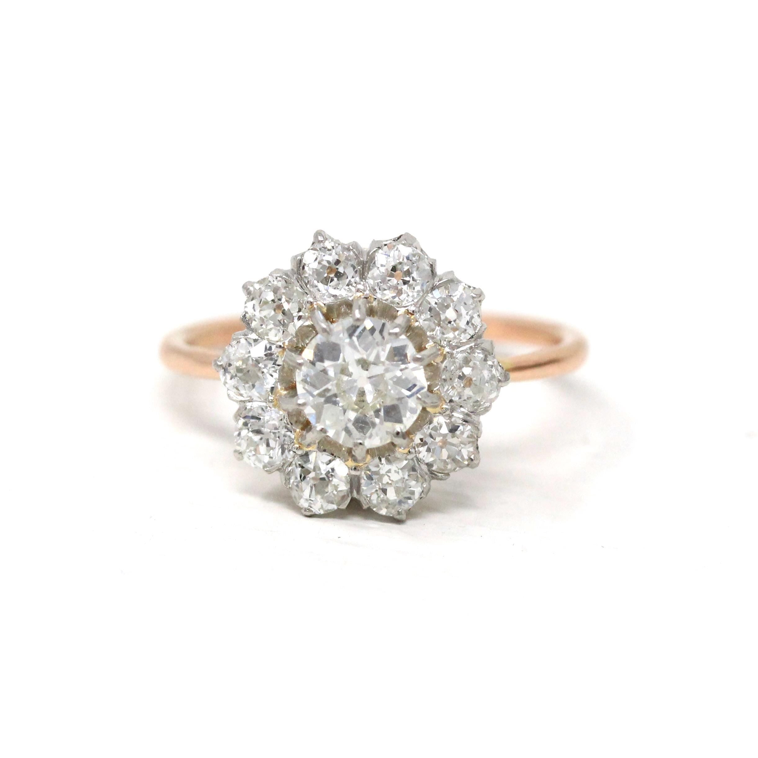 Antique Diamond Halo Ring - Edwardian 18k Yellow Gold Platinum 1.27 CTW Natural Gems Cluster Engagement - Vintage 1900s Fine Report Jewelry