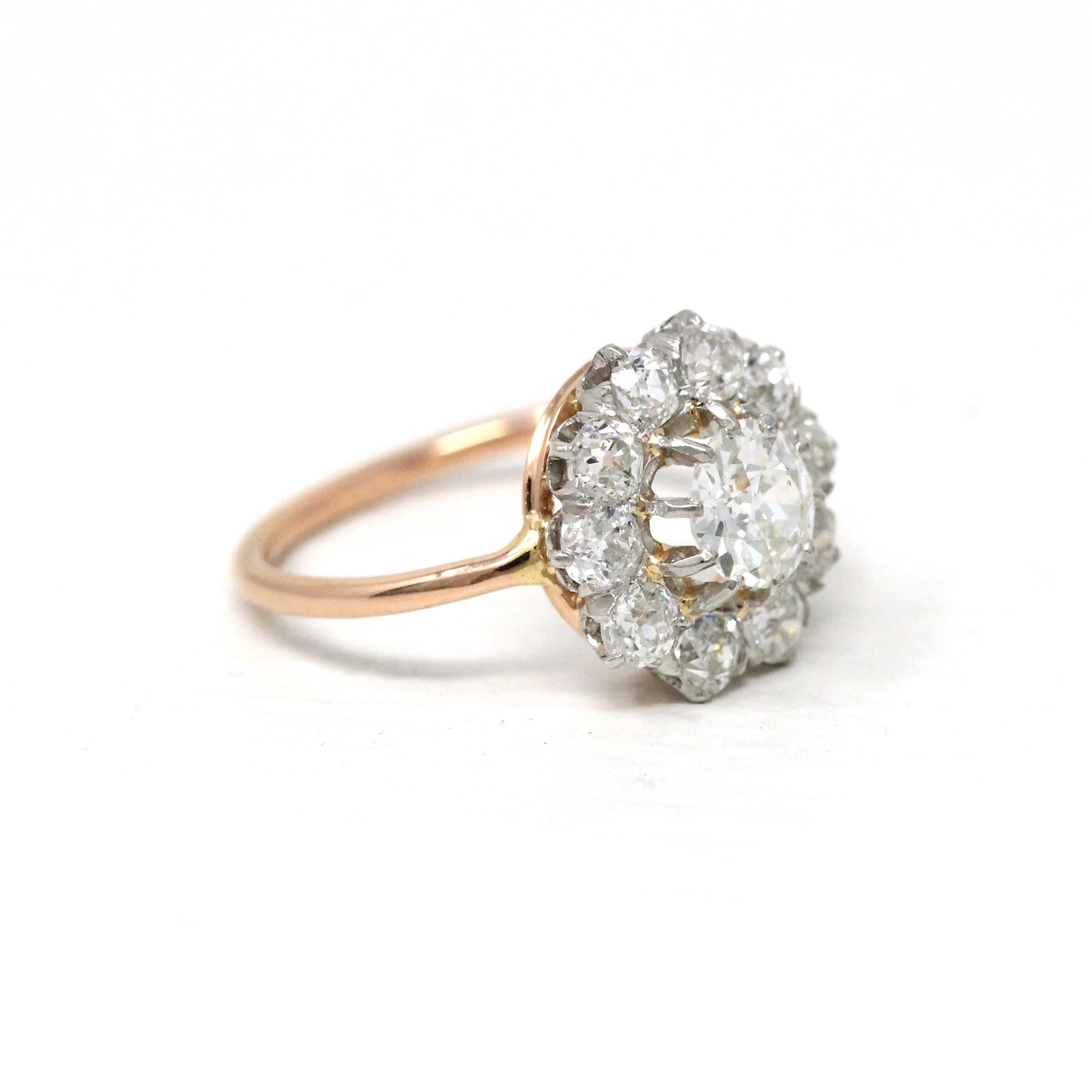 Antique Diamond Halo Ring - Edwardian 18k Yellow Gold Platinum 1.27 CTW Natural Gems Cluster Engagement - Vintage 1900s Fine Report Jewelry
