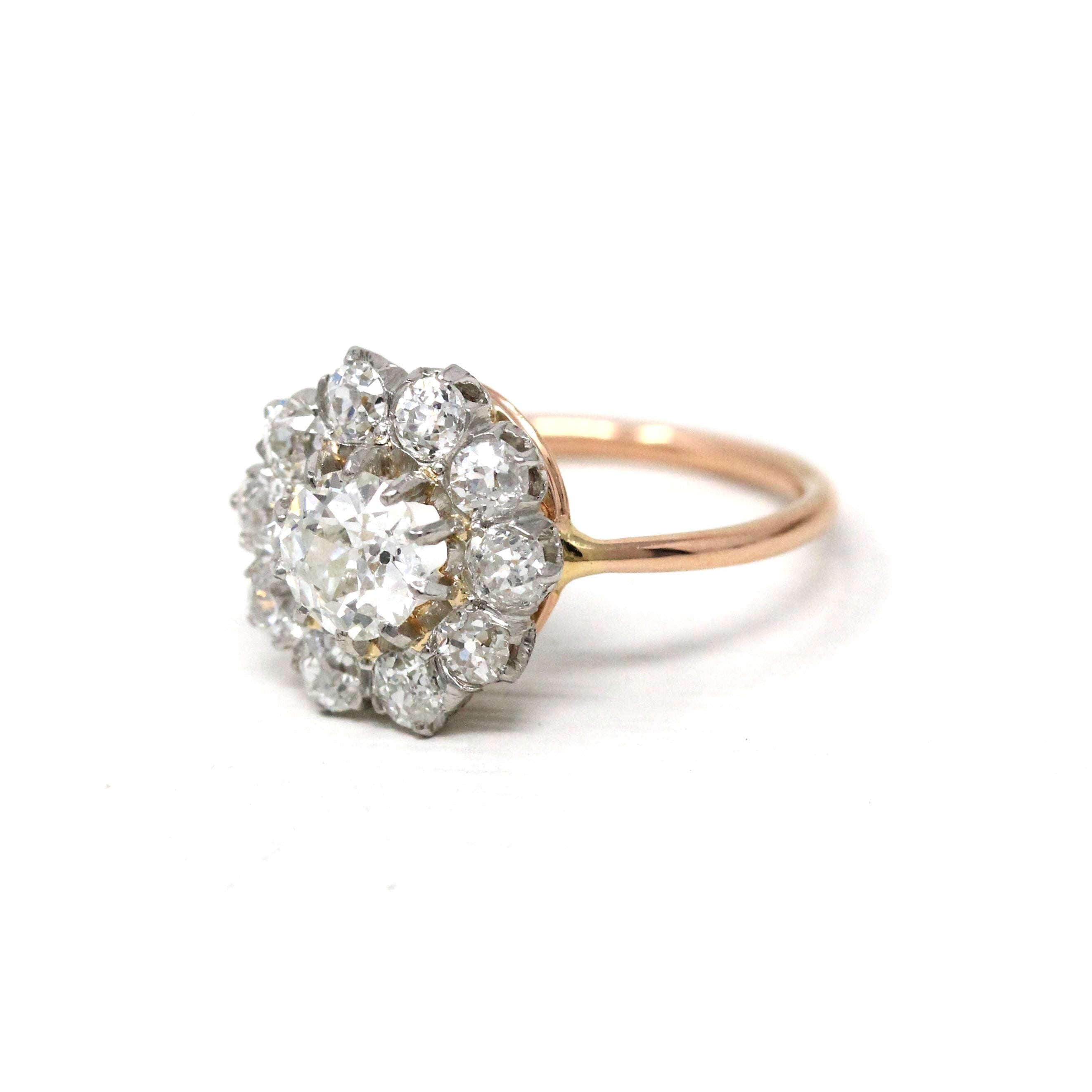 Antique Diamond Halo Ring - Edwardian 18k Yellow Gold Platinum 1.27 CTW Natural Gems Cluster Engagement - Vintage 1900s Fine Report Jewelry