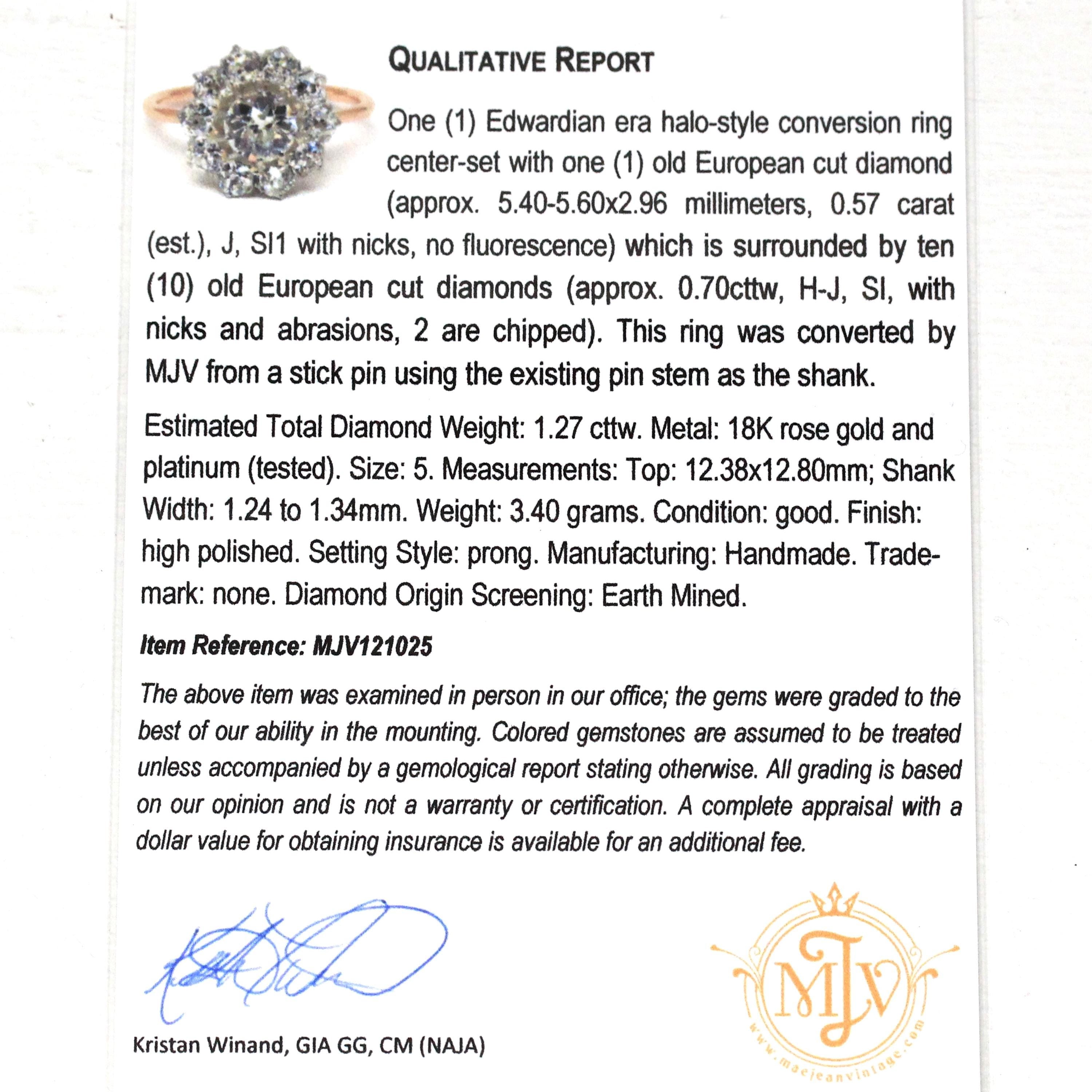 Antique Diamond Halo Ring - Edwardian 18k Yellow Gold Platinum 1.27 CTW Natural Gems Cluster Engagement - Vintage 1900s Fine Report Jewelry