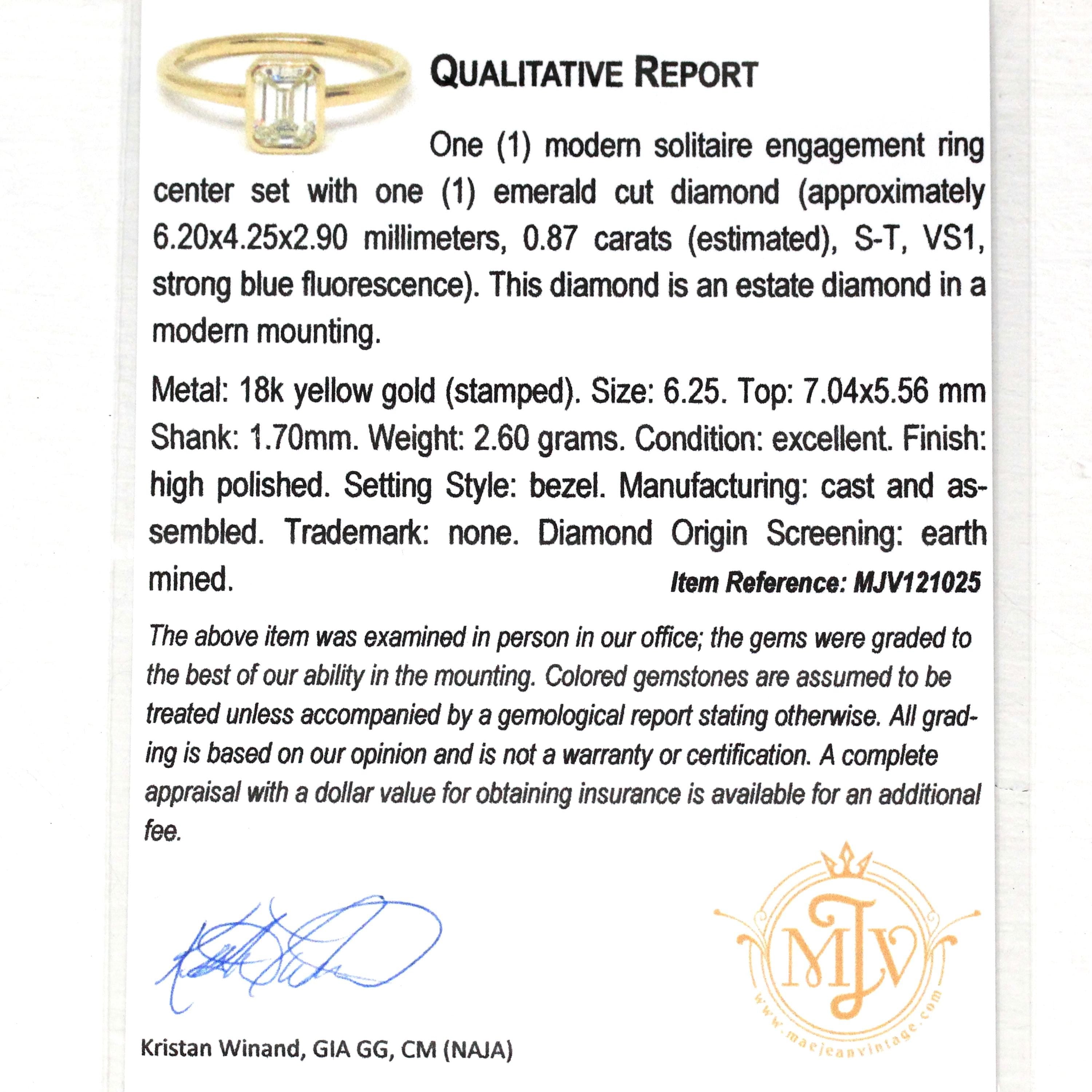 0.87 ct Emerald Cut Diamond Engagement Ring - 18k Yellow Gold Bezel Set Vintage Recycled Gem - Size 6 1/4 Fine Bridal Classic Fine Jewelry