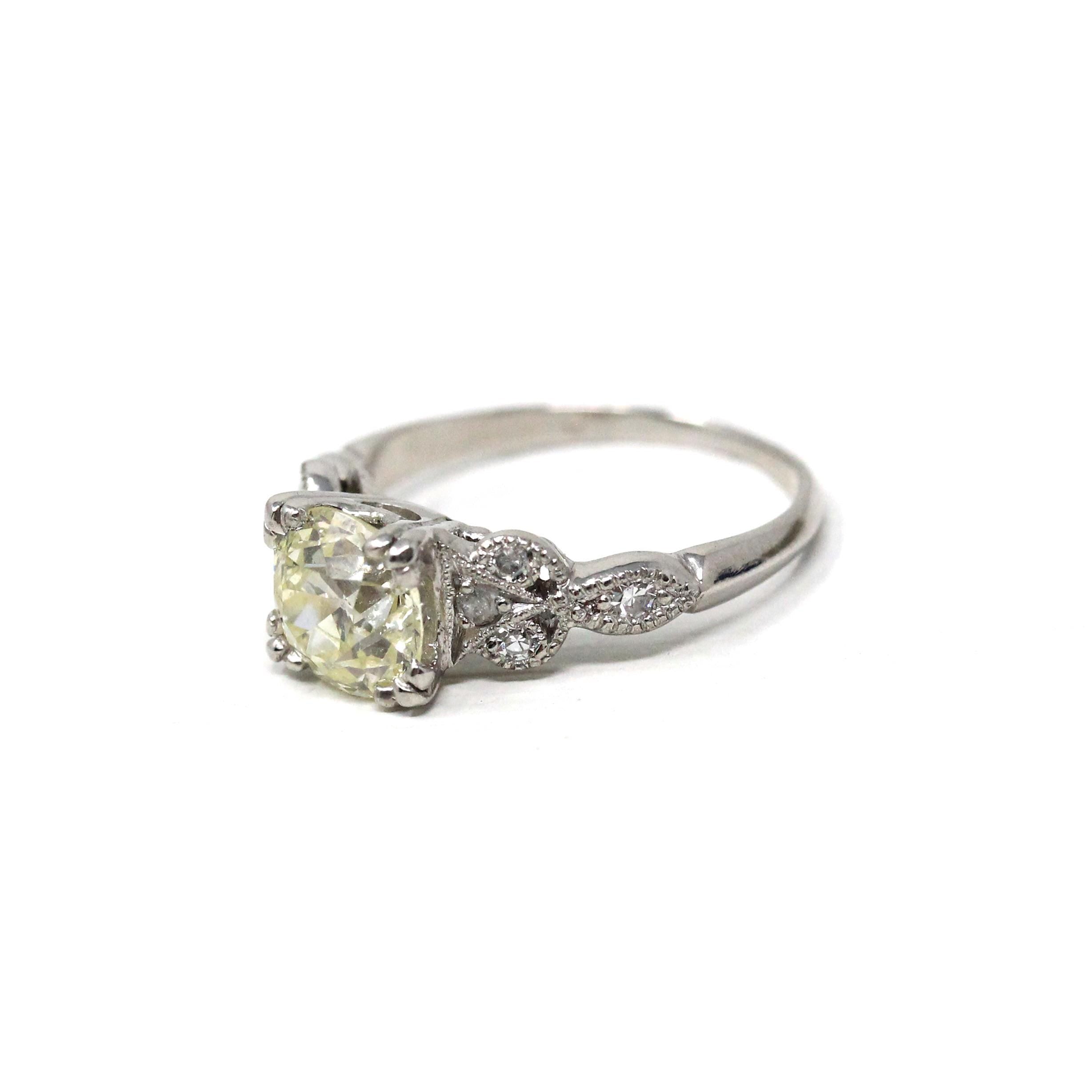 Vintage Engagement Ring - Platinum Retro Era 1.45 CTW Natural Diamonds - Circa 1950s Era Size 4.75 Fine Filigree Qualitative Report Jewelry