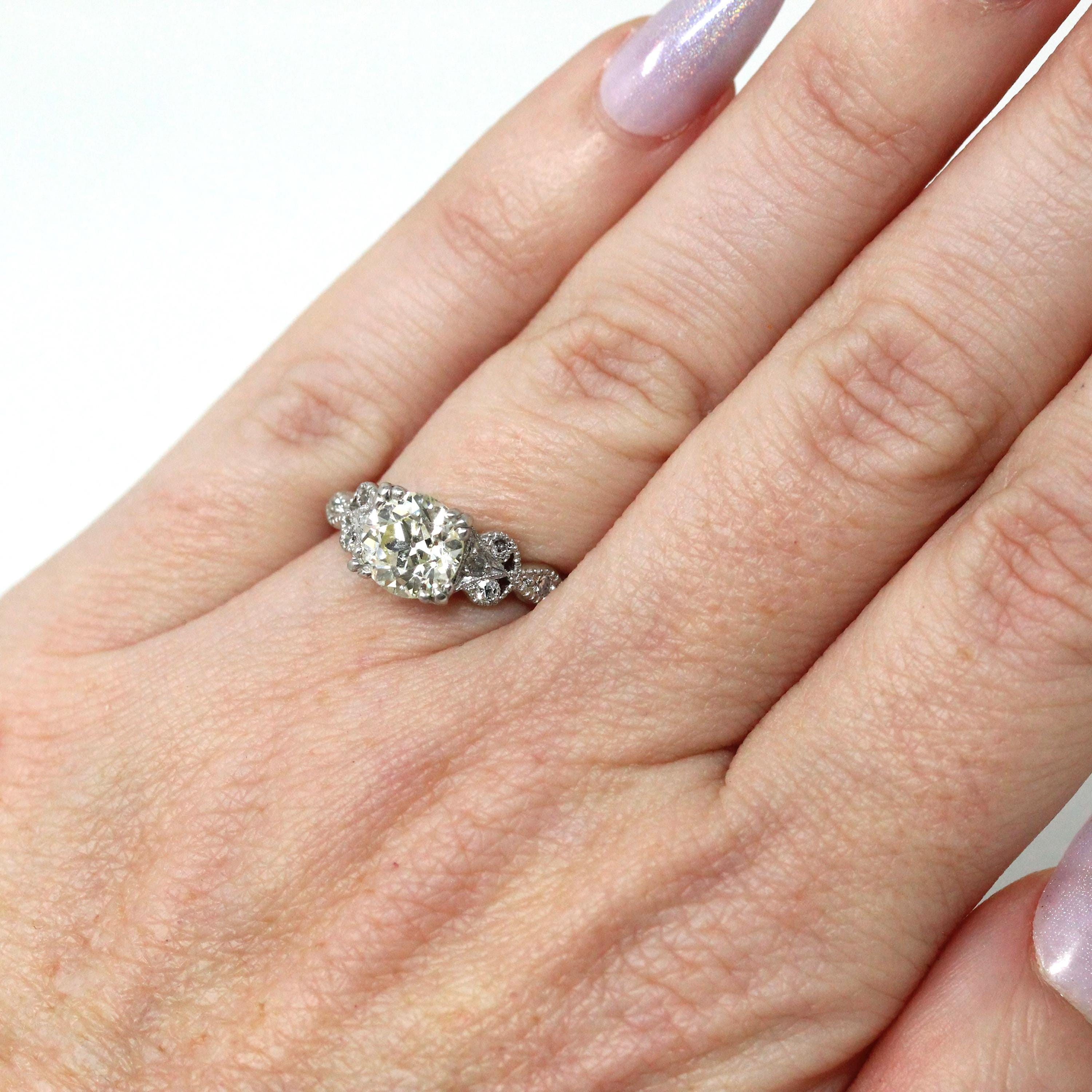 Vintage Engagement Ring - Platinum Retro Era 1.45 CTW Natural Diamonds - Circa 1950s Era Size 4.75 Fine Filigree Qualitative Report Jewelry