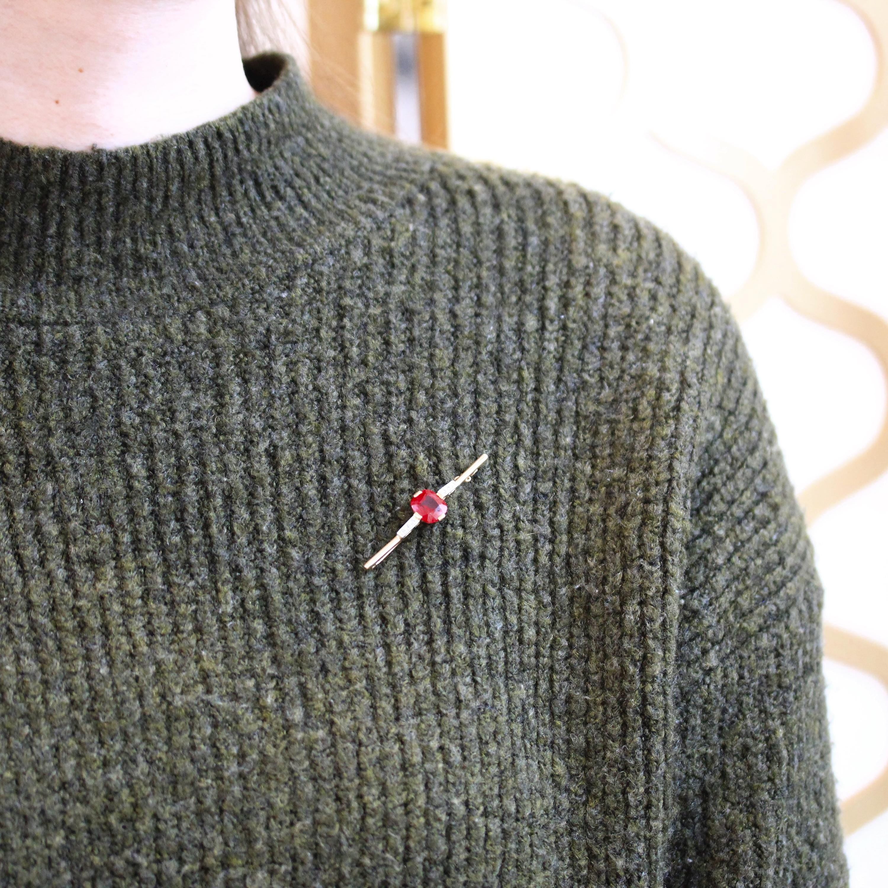 Created Ruby Brooch - Art Deco 10k Yellow & White Two Tone Gold Red Stone And Diamond Pin - Vintage 1930s Era Fine Statement Accessory