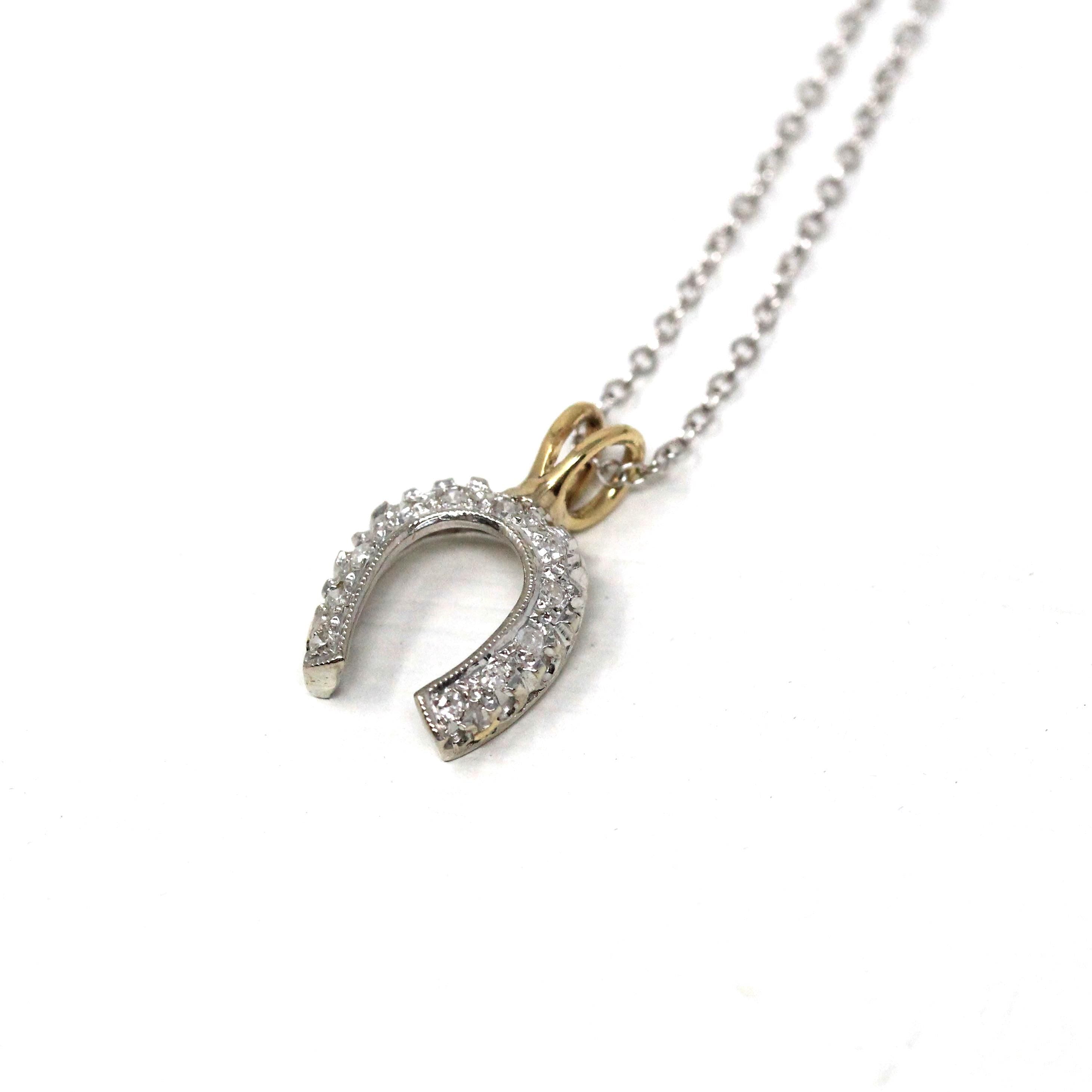 Diamond Horseshoe Pendant - Mid Century Era 14k White & Yellow Gold Natural .08 CTW Charm - Vintage Circa 1950s Good Luck Equestrian Jewelry