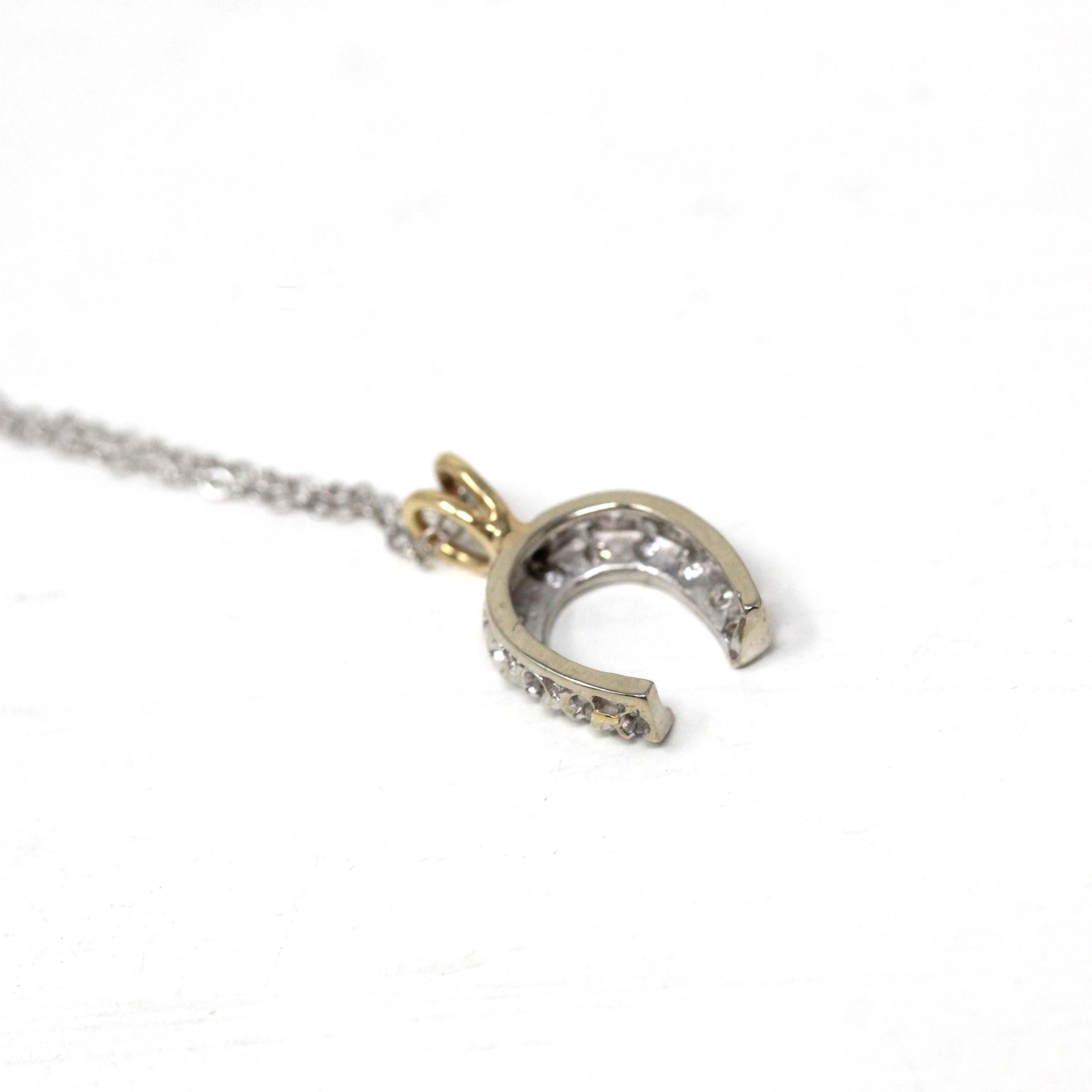 Diamond Horseshoe Pendant - Mid Century Era 14k White & Yellow Gold Natural .08 CTW Charm - Vintage Circa 1950s Good Luck Equestrian Jewelry