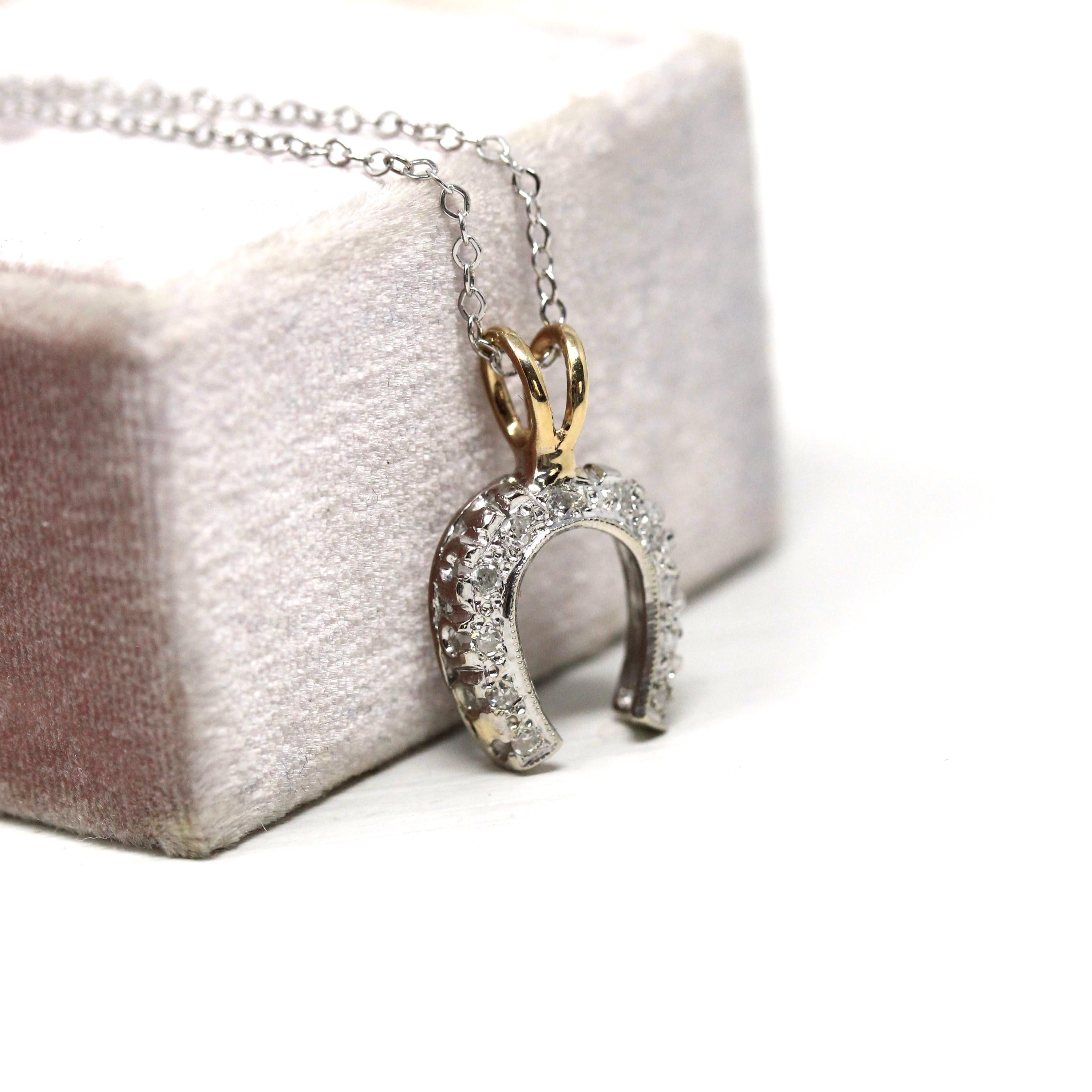 Diamond Horseshoe Pendant - Mid Century Era 14k White & Yellow Gold Natural .08 CTW Charm - Vintage Circa 1950s Good Luck Equestrian Jewelry