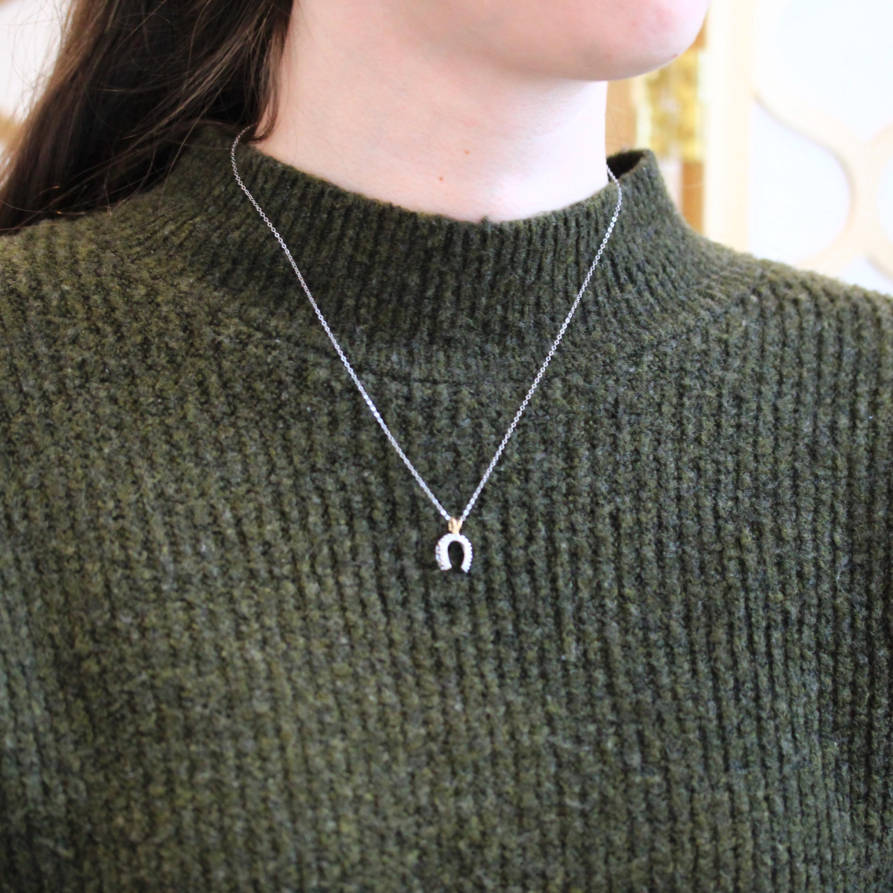 Diamond Horseshoe Pendant - Mid Century Era 14k White & Yellow Gold Natural .08 CTW Charm - Vintage Circa 1950s Good Luck Equestrian Jewelry