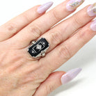 Vintage Onyx Ring - Art Deco 18k White Gold Natural Black Chalcedony Diamond Statement - Circa 1930s Size 5 Pharaoh Filigree Fine Jewelry