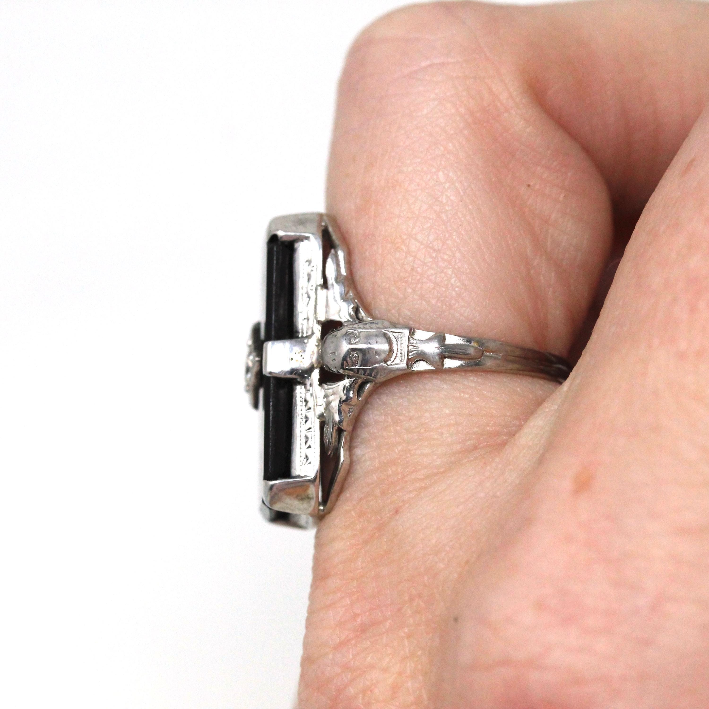 Vintage Onyx Ring - Art Deco 18k White Gold Natural Black Chalcedony Diamond Statement - Circa 1930s Size 5 Pharaoh Filigree Fine Jewelry