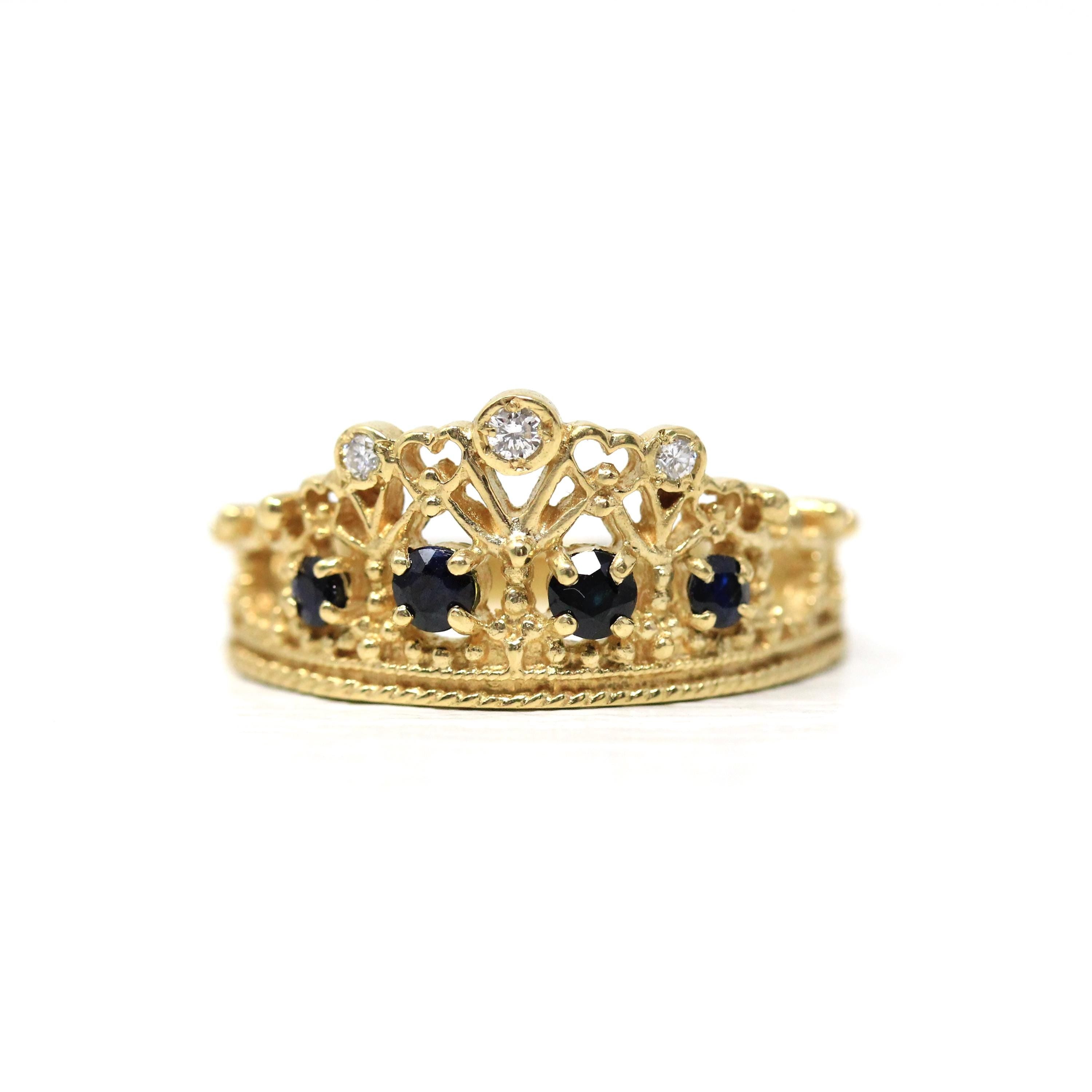 Vintage Tiara Ring - Estate 18k Yellow Gold Natural Diamonds Blue Sapphires Statement - Circa 1980s Princess Crown Fine Statement Jewelry