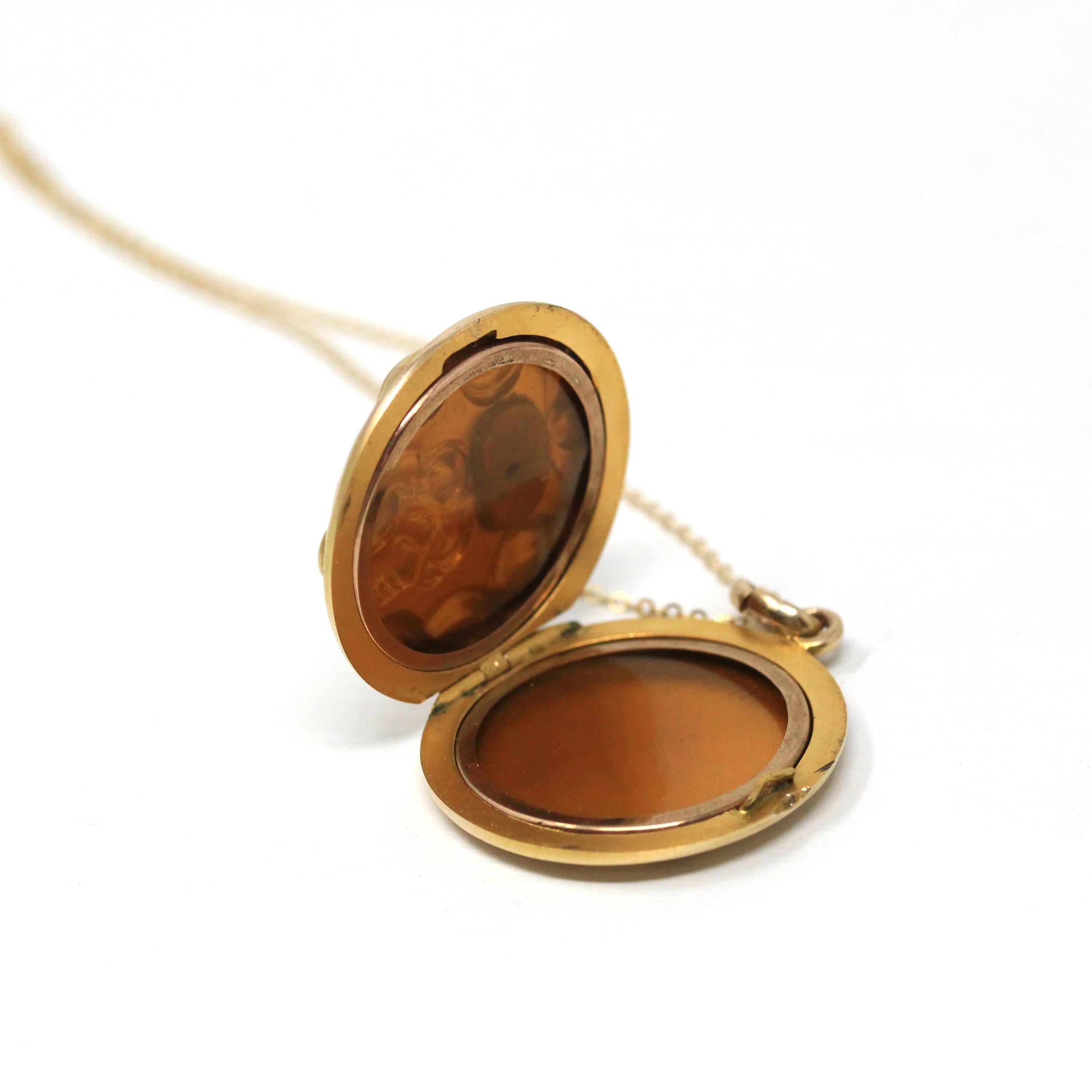 Art Nouveau Locket - Antique 10k Yellow Gold Flowing Hair Woman Pendant Necklace - Vintage 1900s Era Edwardian Letters Initials Fine Jewelry