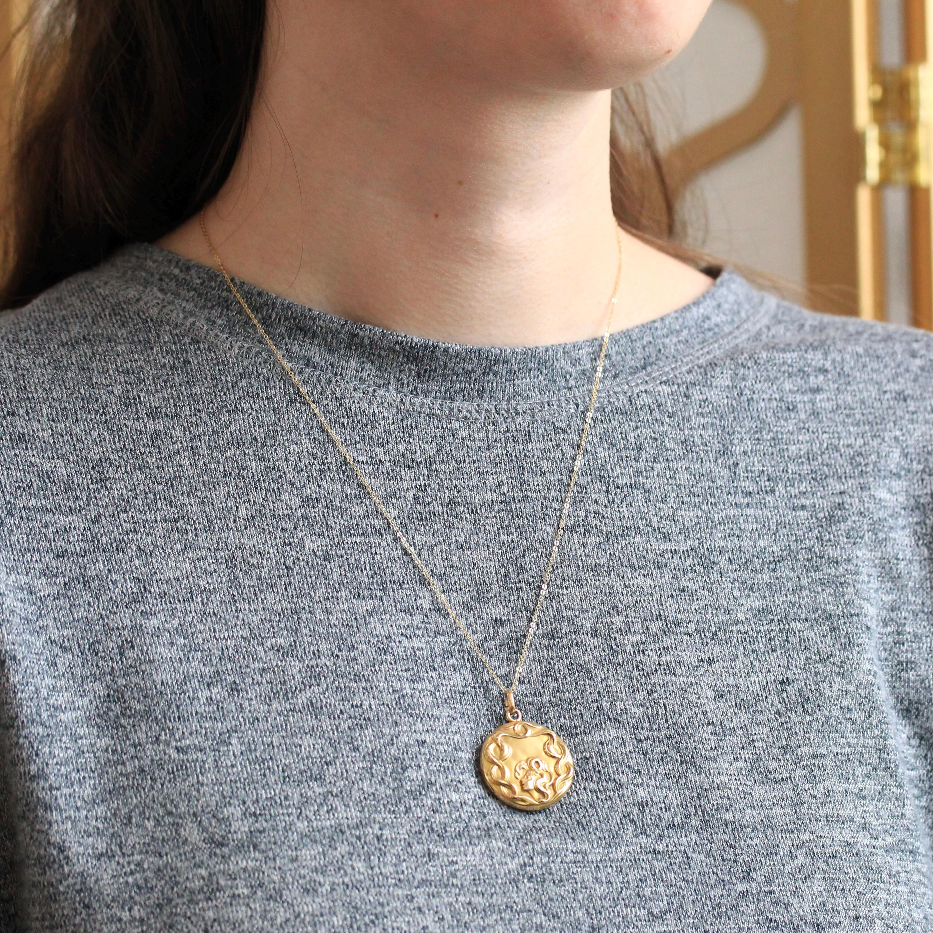 Art Nouveau Locket - Antique 10k Yellow Gold Flowing Hair Woman Pendant Necklace - Vintage 1900s Era Edwardian Letters Initials Fine Jewelry