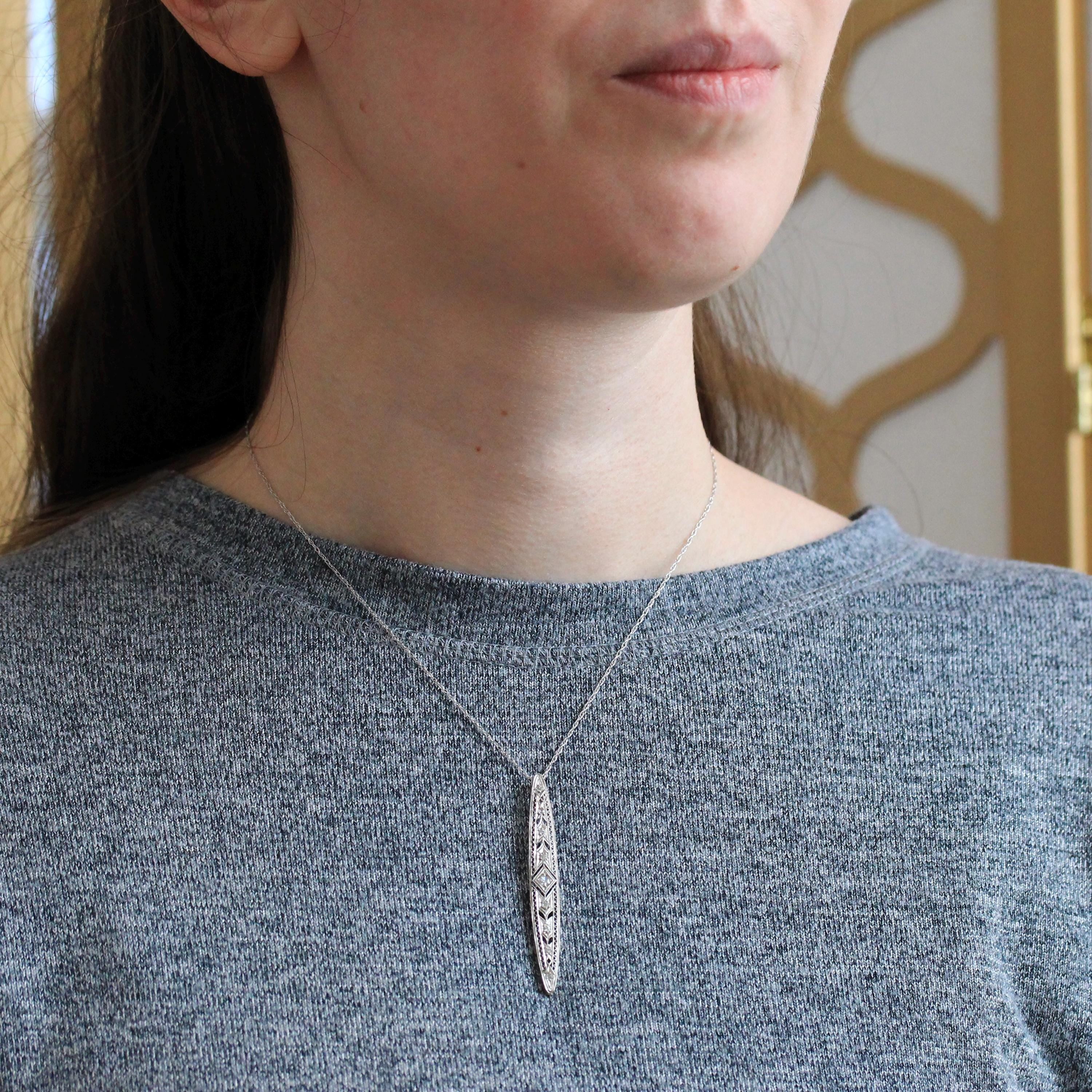 Art Deco Diamond Necklace - Antique Platinum 14k White Gold Filigree Conversion Pendant - Vintage Circa 1920s Era Filigree Long Fine Jewelry