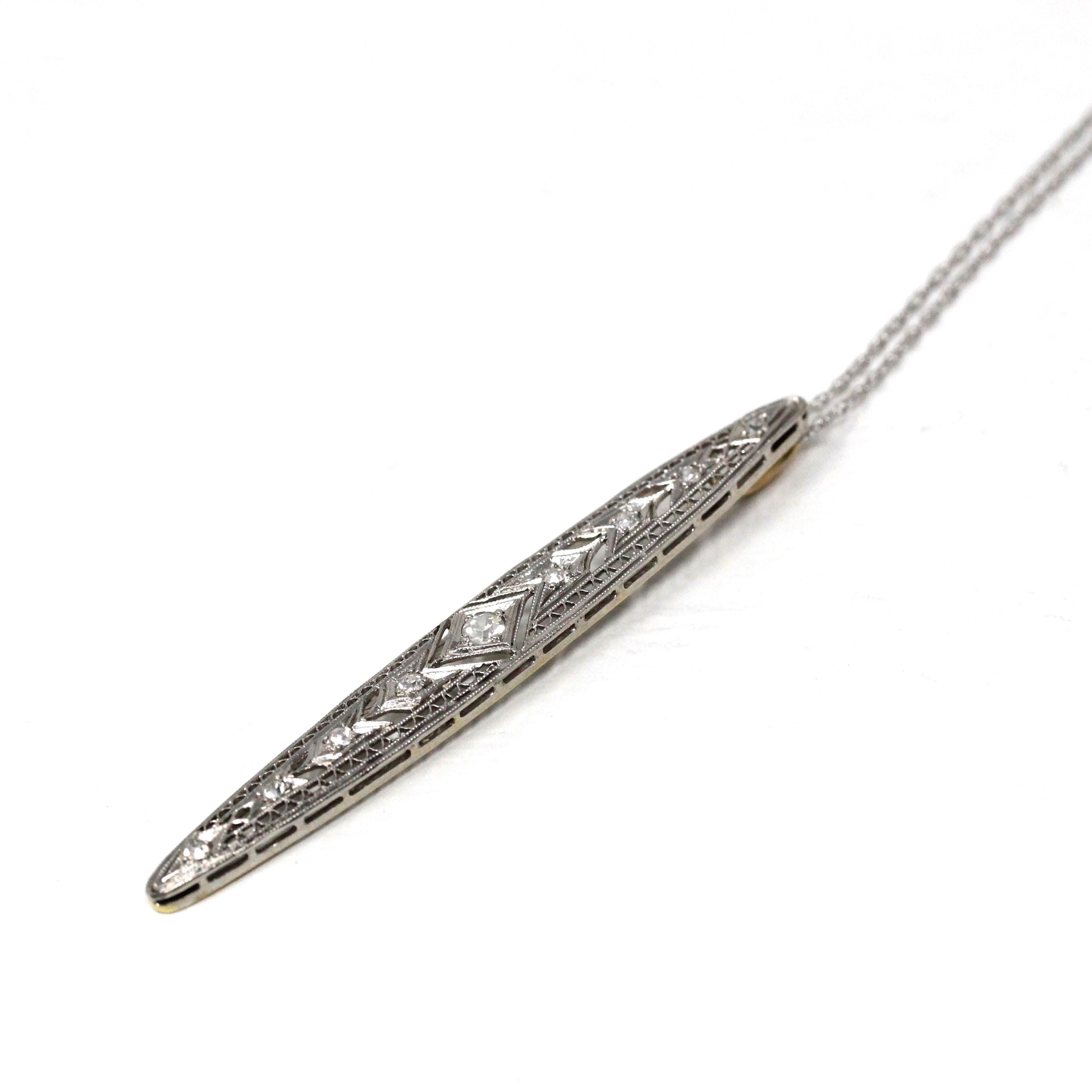 Art Deco Diamond Necklace - Antique Platinum 14k White Gold Filigree Conversion Pendant - Vintage Circa 1920s Era Filigree Long Fine Jewelry