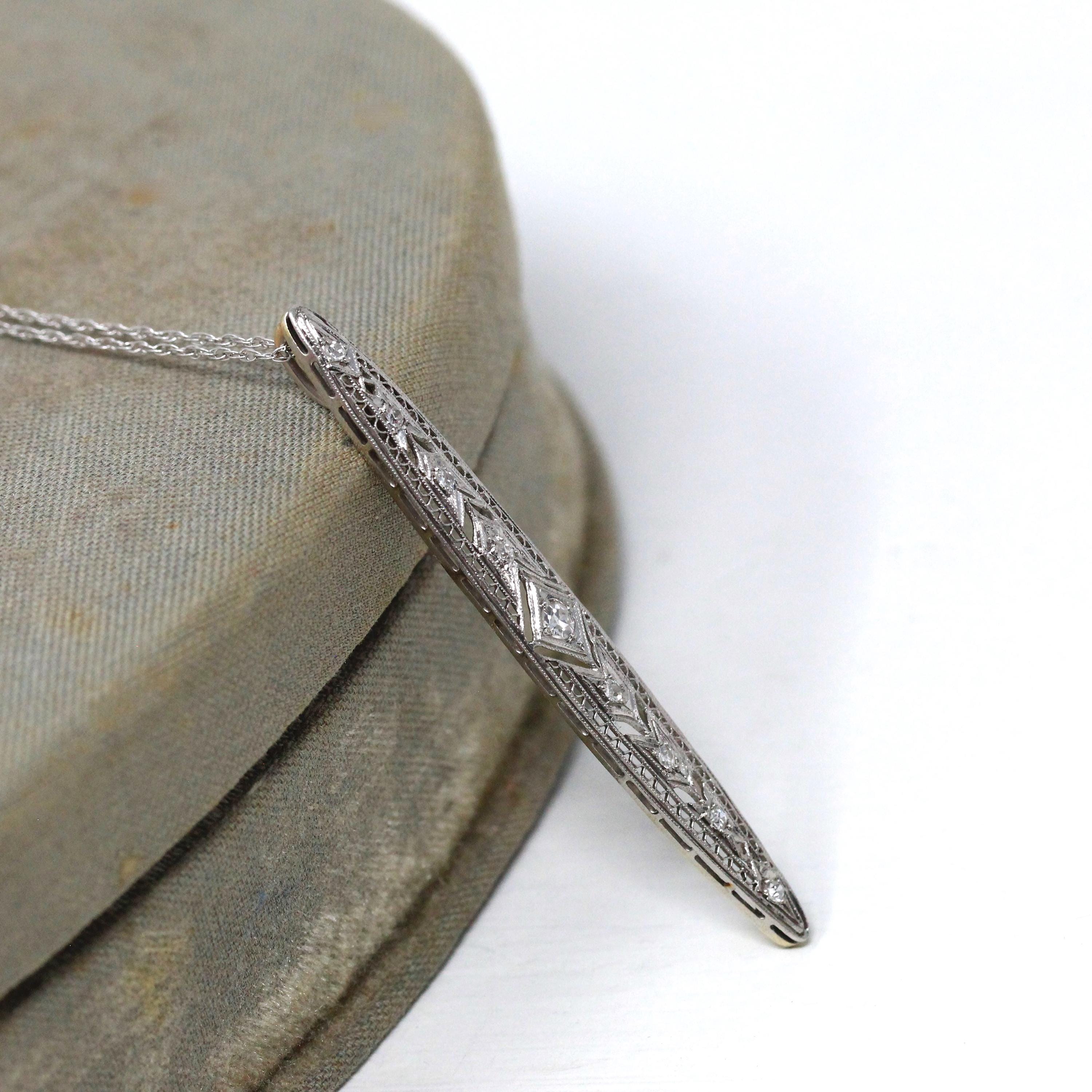 Art Deco Diamond Necklace - Antique Platinum 14k White Gold Filigree Conversion Pendant - Vintage Circa 1920s Era Filigree Long Fine Jewelry
