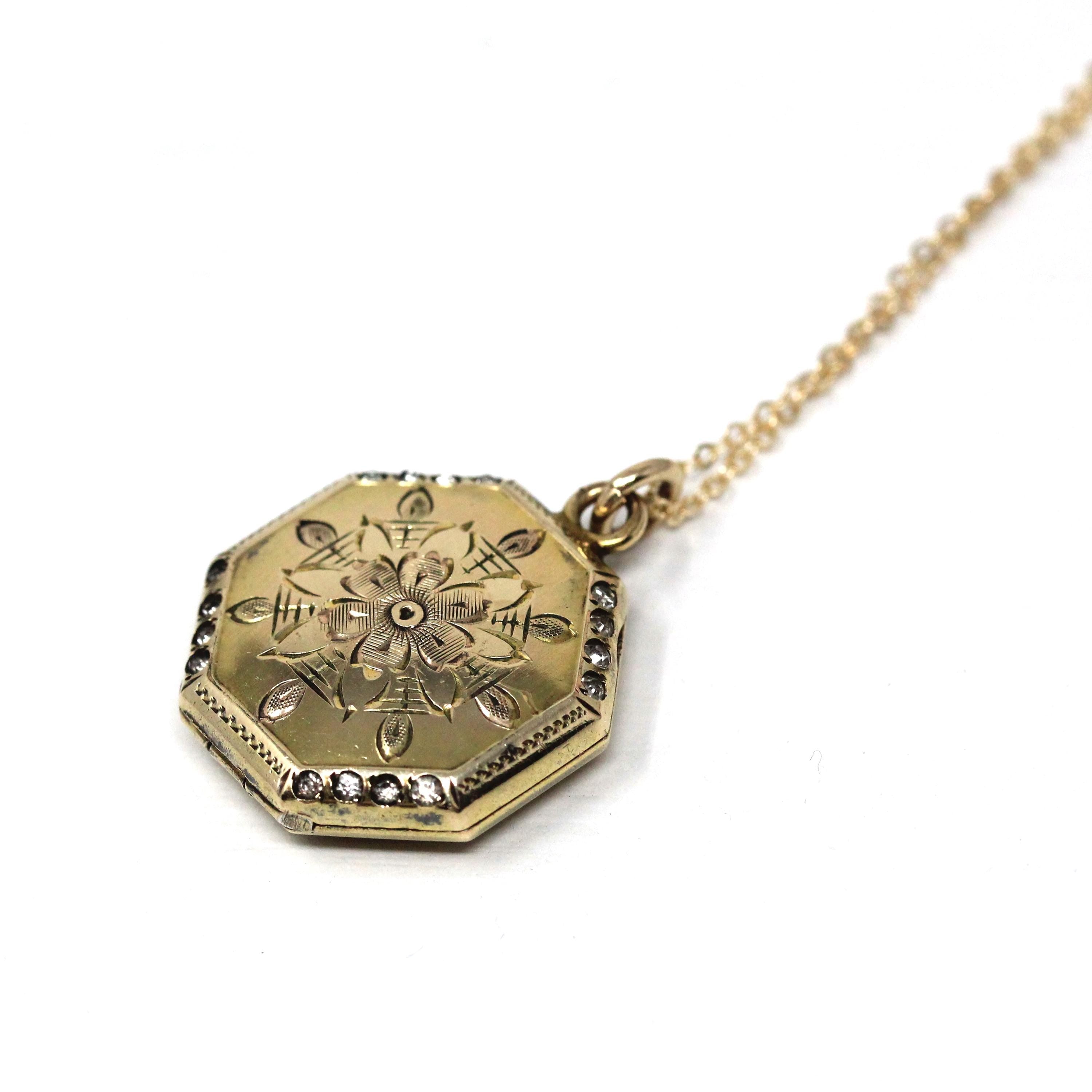 Vintage Flower Locket - Retro Gold Filled Floral Design Octagonal Rhinestone Charm Necklace - Circa 1940 Era Original Photograph 40s Jewelry