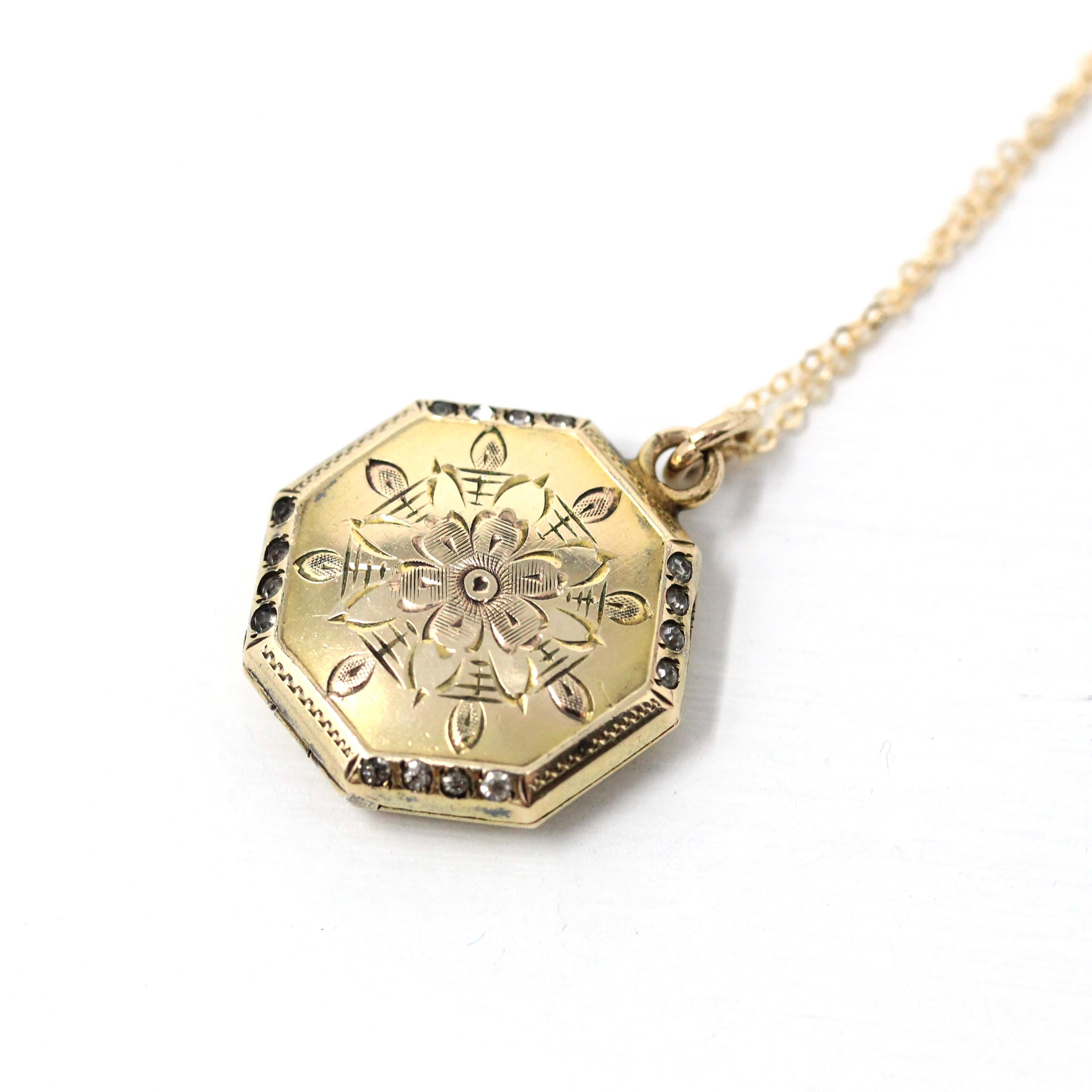 Vintage Flower Locket - Retro Gold Filled Floral Design Octagonal Rhinestone Charm Necklace - Circa 1940 Era Original Photograph 40s Jewelry