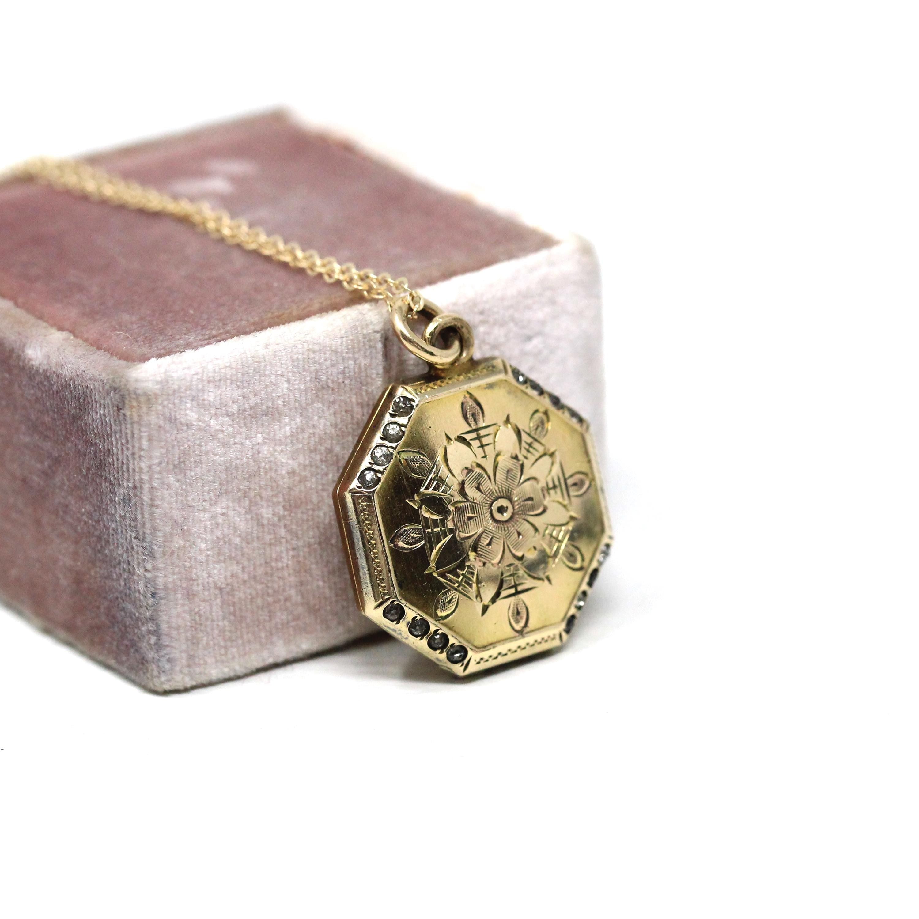 Vintage Flower Locket - Retro Gold Filled Floral Design Octagonal Rhinestone Charm Necklace - Circa 1940 Era Original Photograph 40s Jewelry