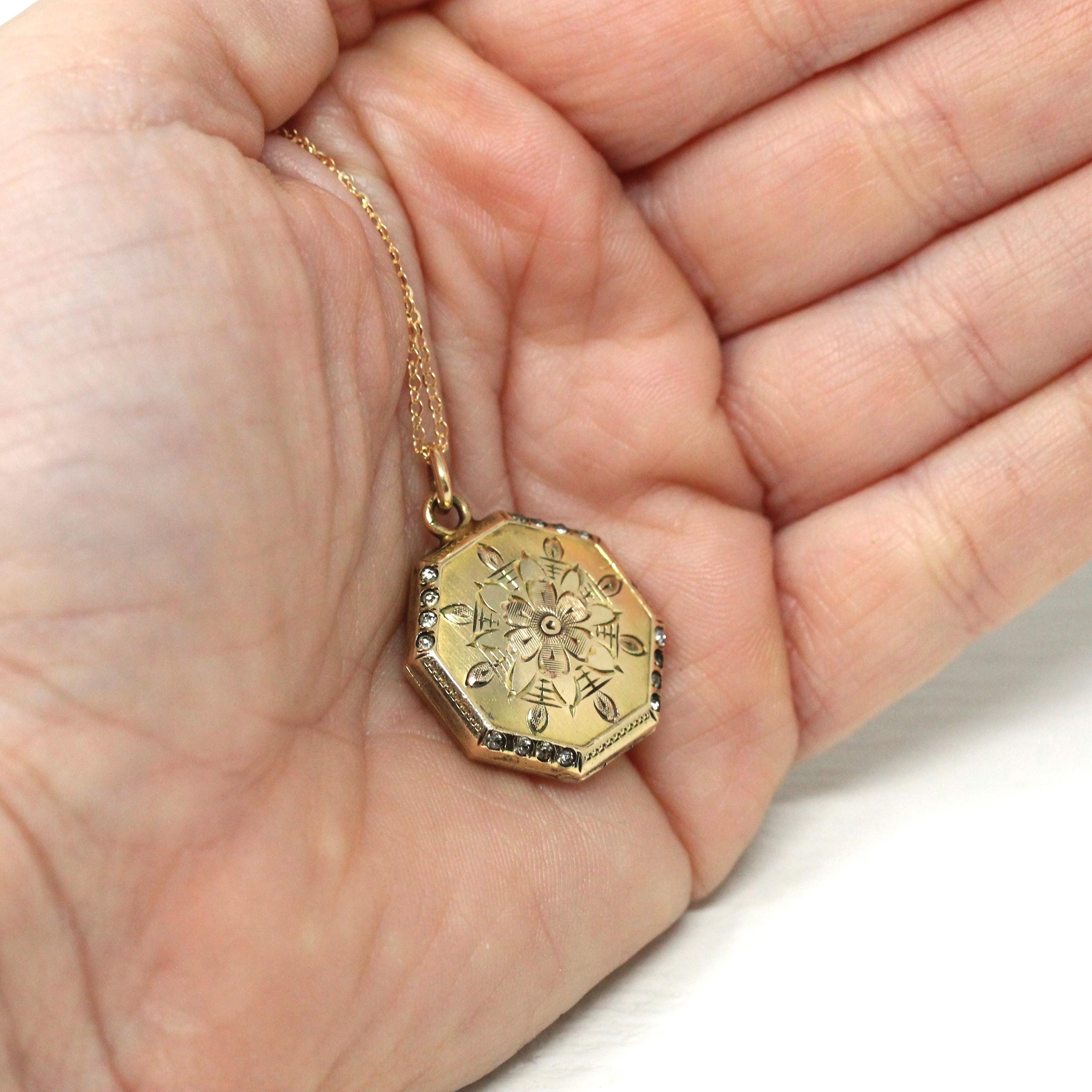 Vintage Flower Locket - Retro Gold Filled Floral Design Octagonal Rhinestone Charm Necklace - Circa 1940 Era Original Photograph 40s Jewelry