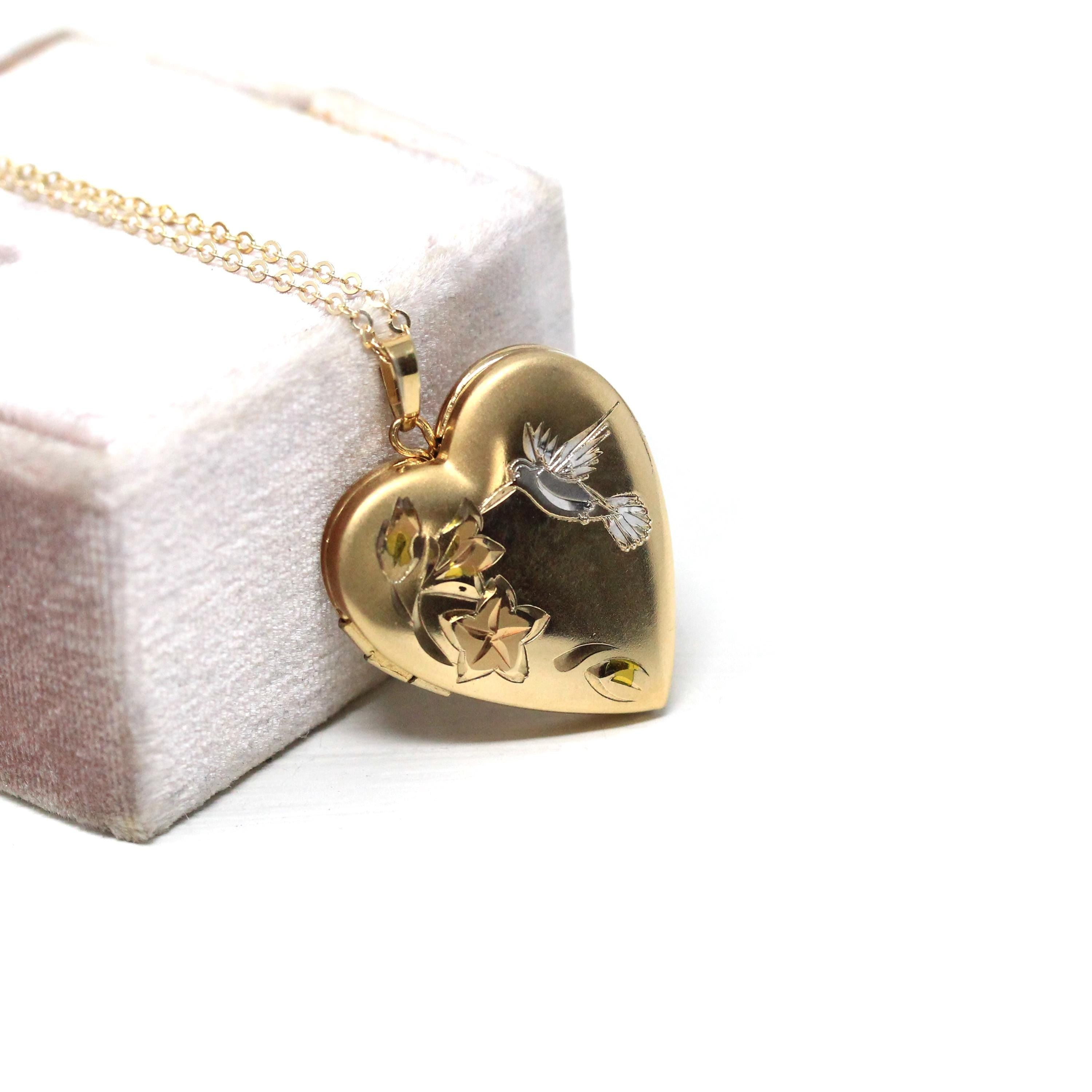 Hummingbird Heart Locket - Modern 14k Gold Filled Tri Color Flowers Bird Necklace Pendant - Circa 2000's Era Photograph Keepsake Jewelry
