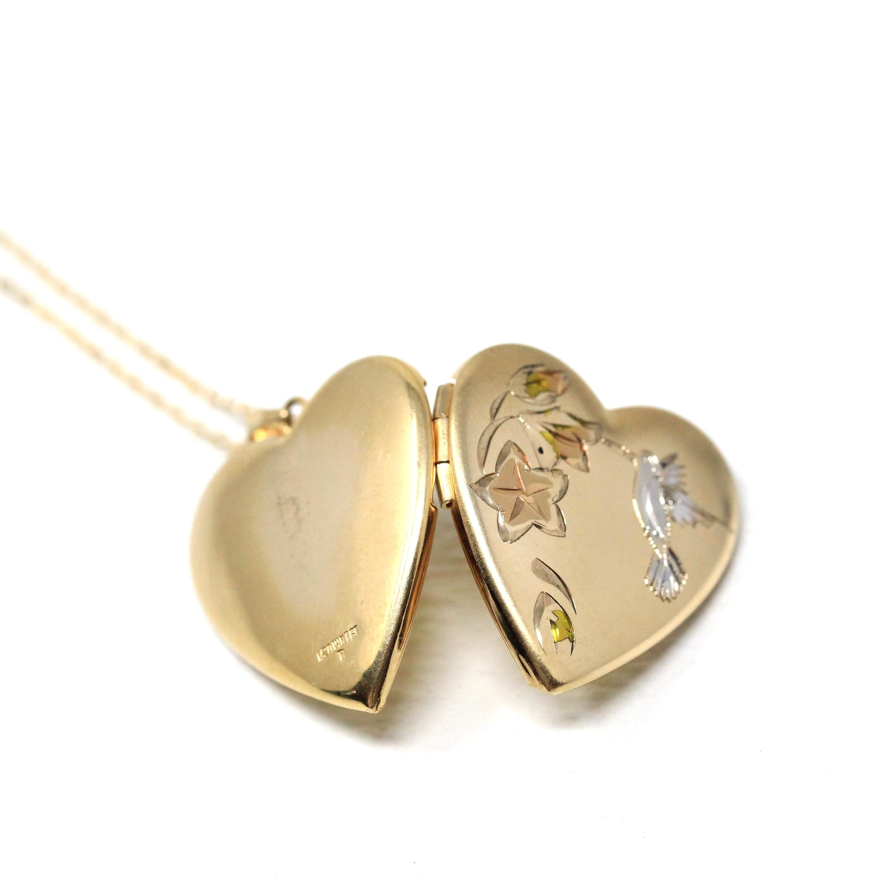 Hummingbird Heart Locket - Modern 14k Gold Filled Tri Color Flowers Bird Necklace Pendant - Circa 2000's Era Photograph Keepsake Jewelry